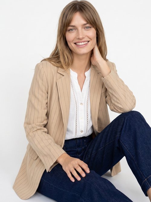 Veste col tailleur avec rayures tennis Femme Beige JSM-JS1127 MV1