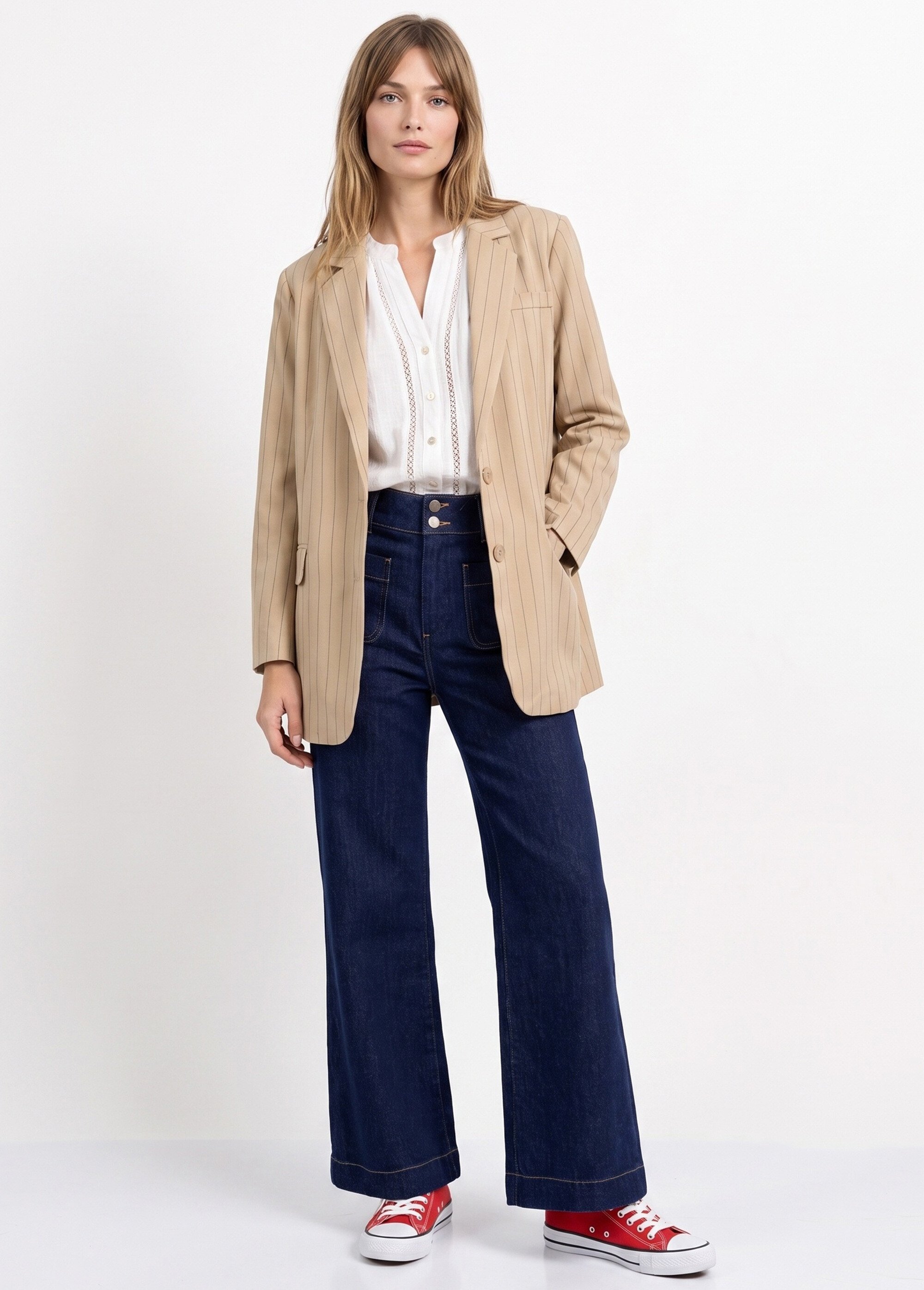 Veste col tailleur avec rayures tennis Femme Beige JSM-JS1127 SI1