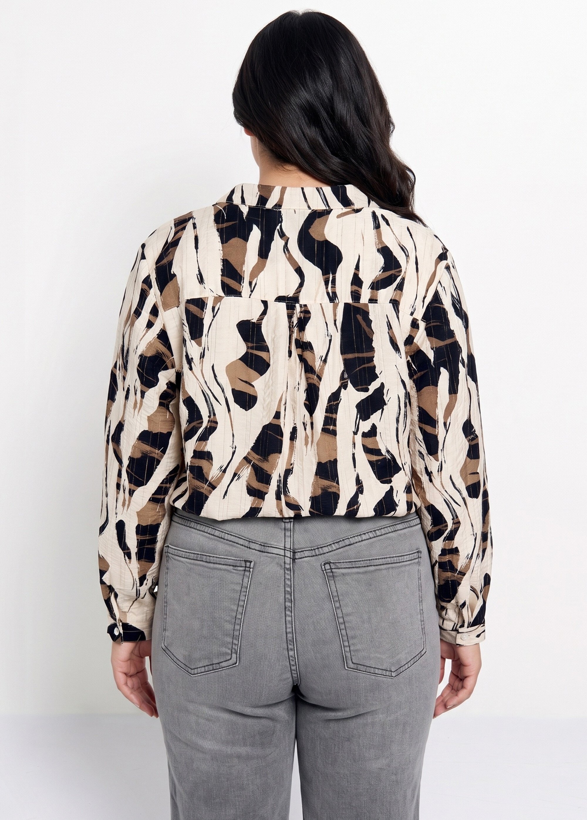 Chemisier motif abstrait avec fil doré Femme Grande Taille Beige CHY-F632 DO1
