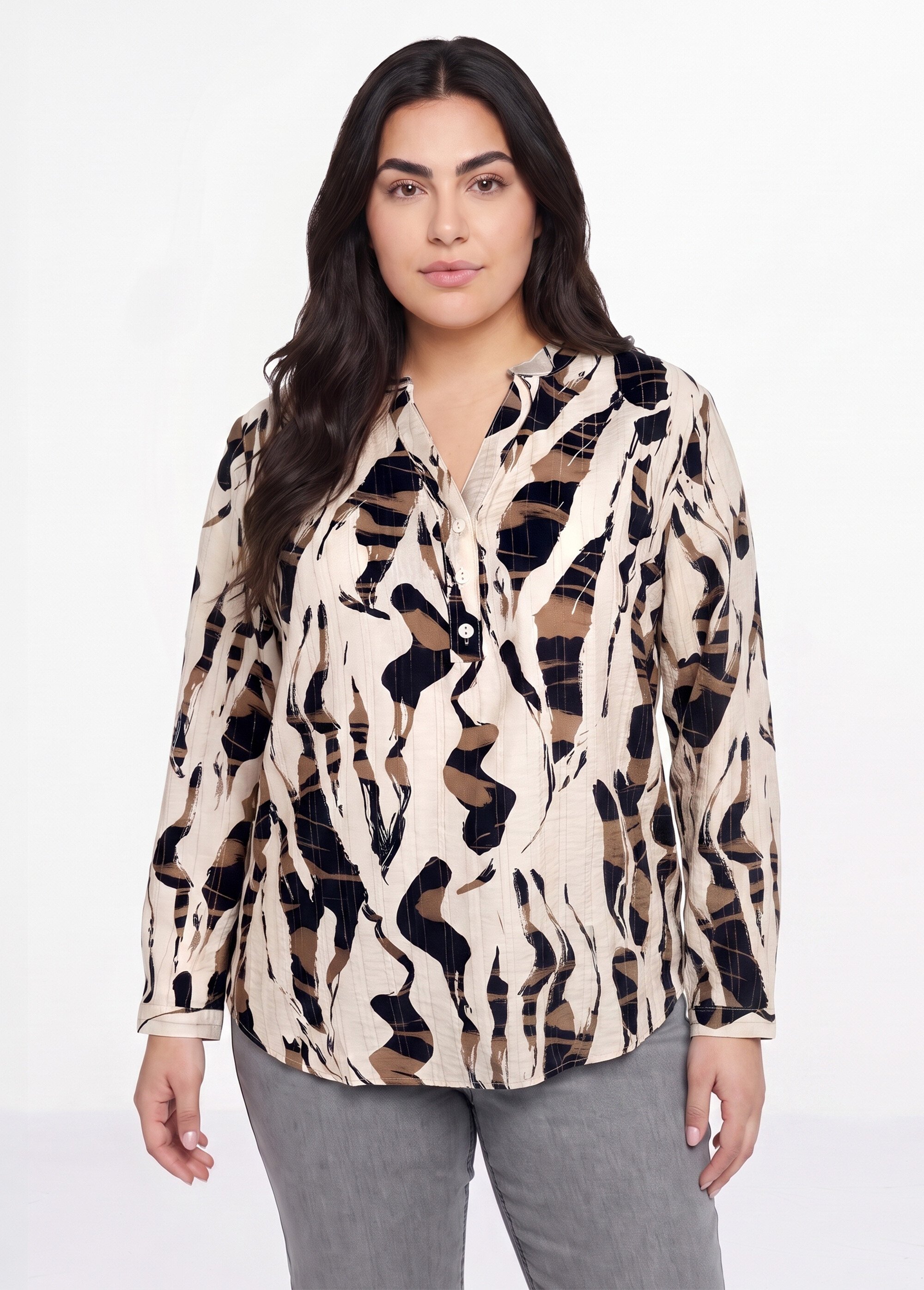 Chemisier motif abstrait avec fil doré Femme Grande Taille Beige CHY-F632 FA1