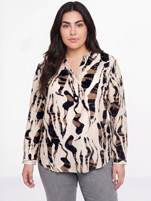 Chemisier motif abstrait avec fil doré Femme Grande Taille Beige CHY-F632 FA1