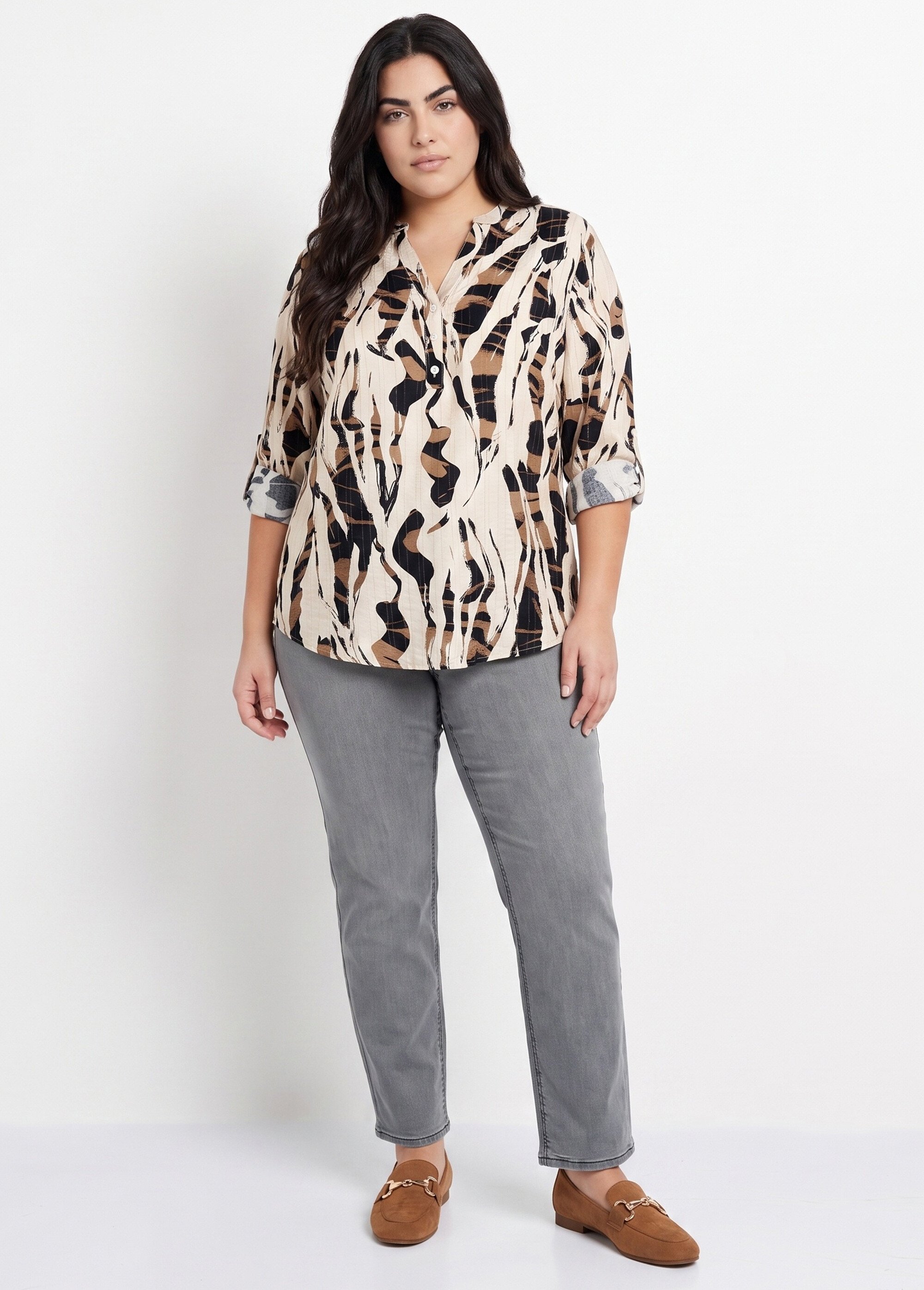 Chemisier motif abstrait avec fil doré Femme Grande Taille Beige CHY-F632 SI1
