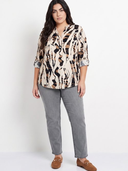 Chemisier motif abstrait avec fil doré Femme Grande Taille Beige CHY-F632 SI1