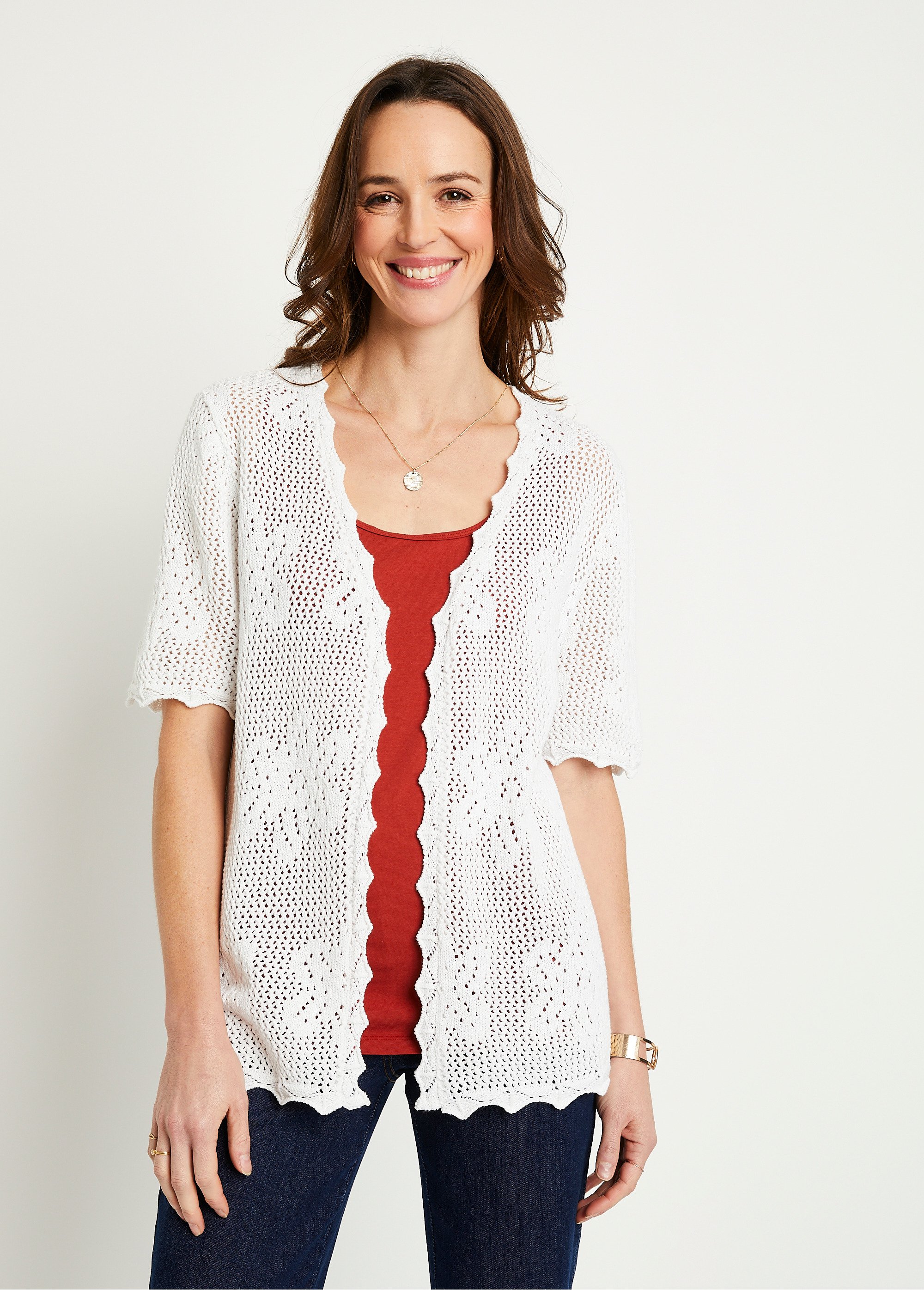 Gilet court manches courtes ajouré Femme Blanc MENNECY FA2