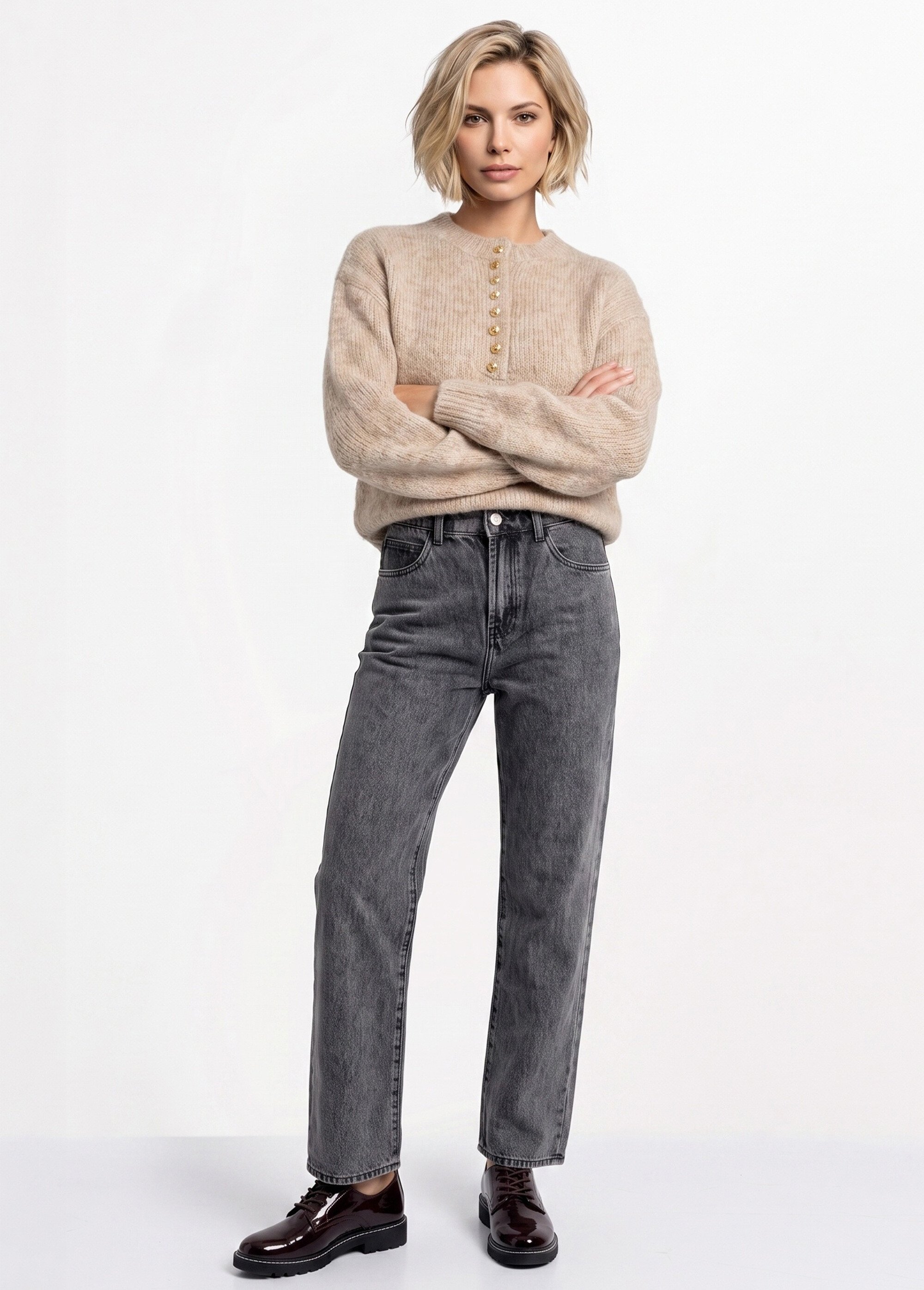 Jean droit, taille ajustable par pressions Femme Gris OR-JD667 MV1