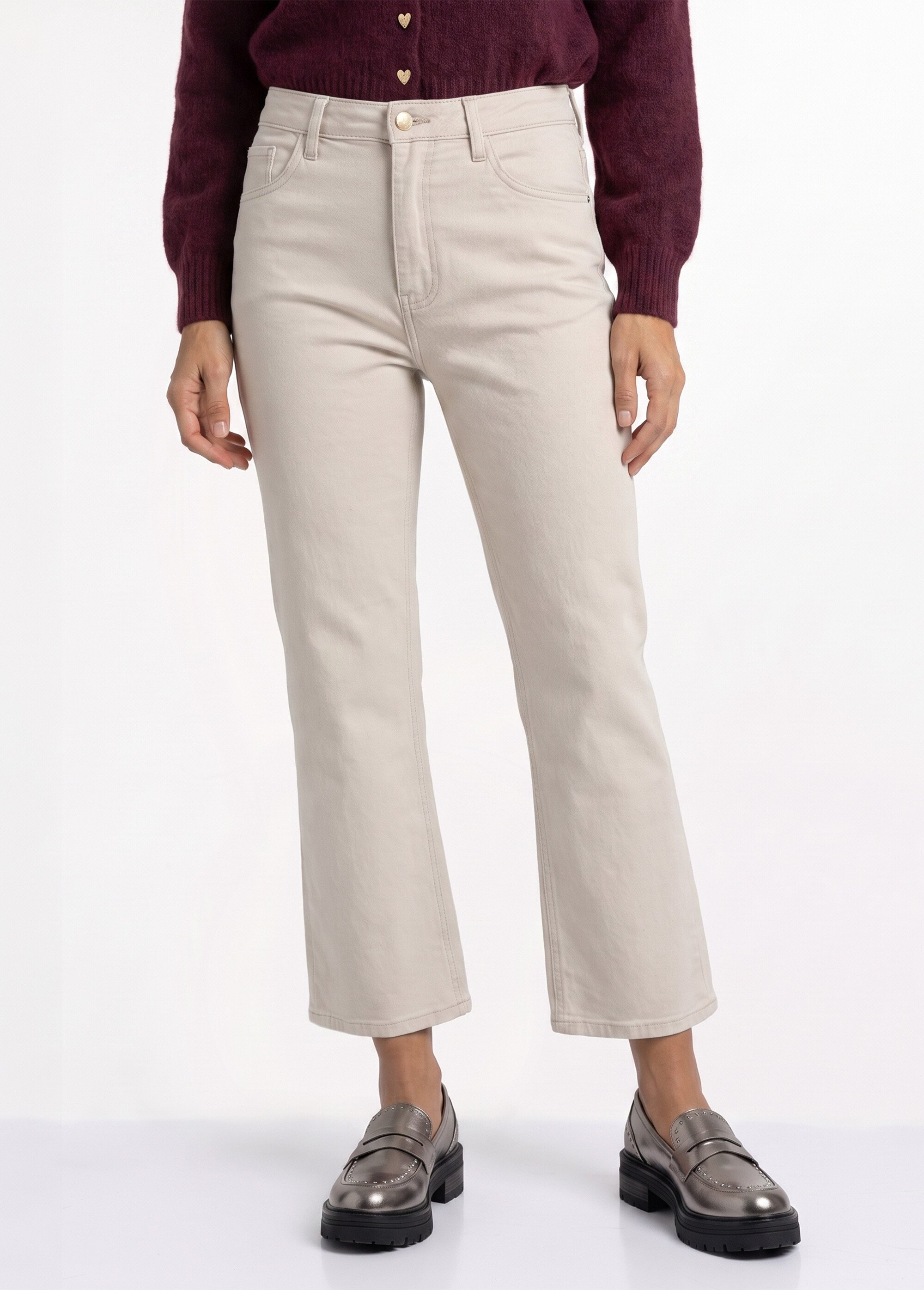 Jean stretch coupe droite taille haute Femme Beige OR-JD409 FA1