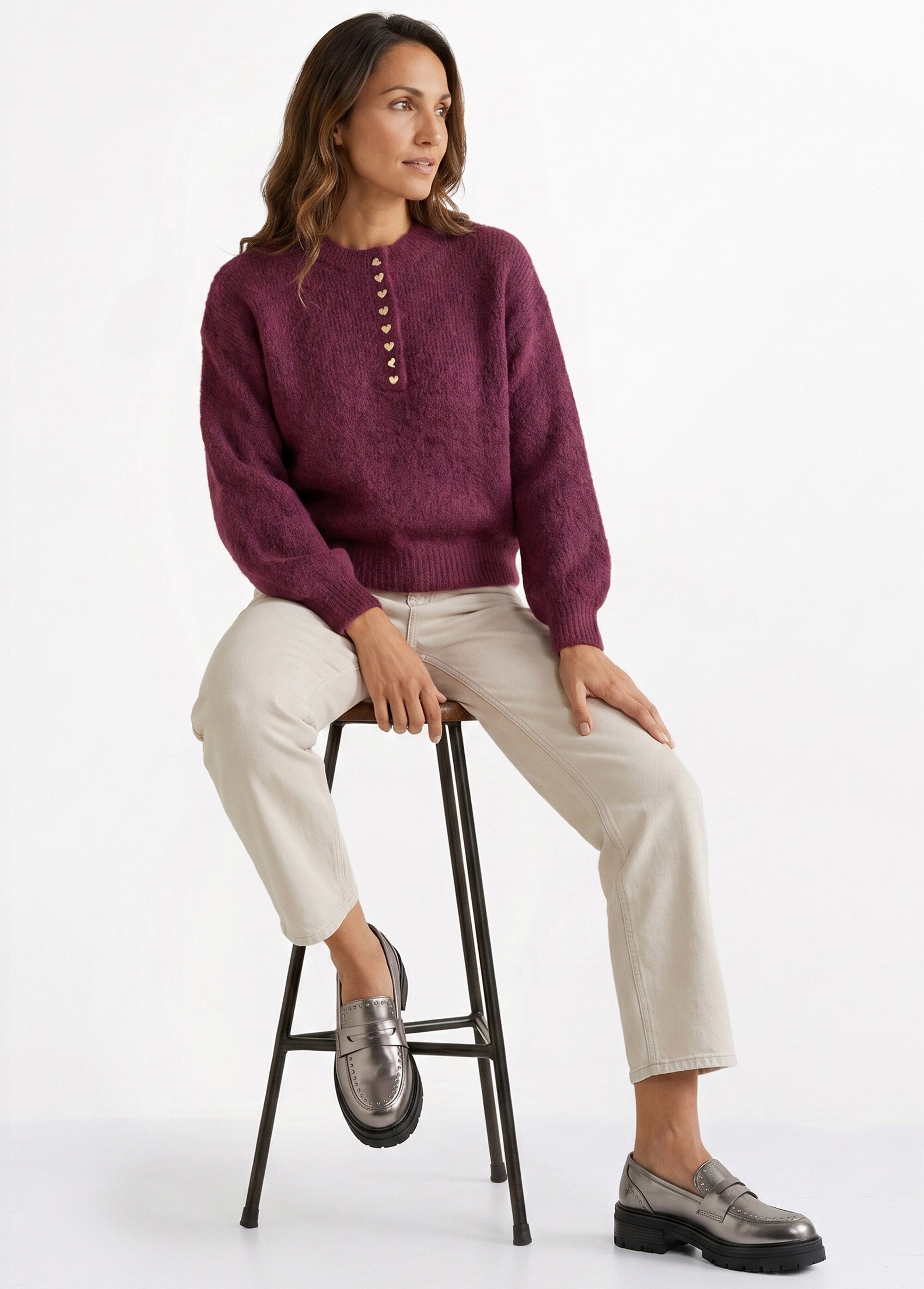 Jean stretch coupe droite taille haute Femme Beige OR-JD409 MV1