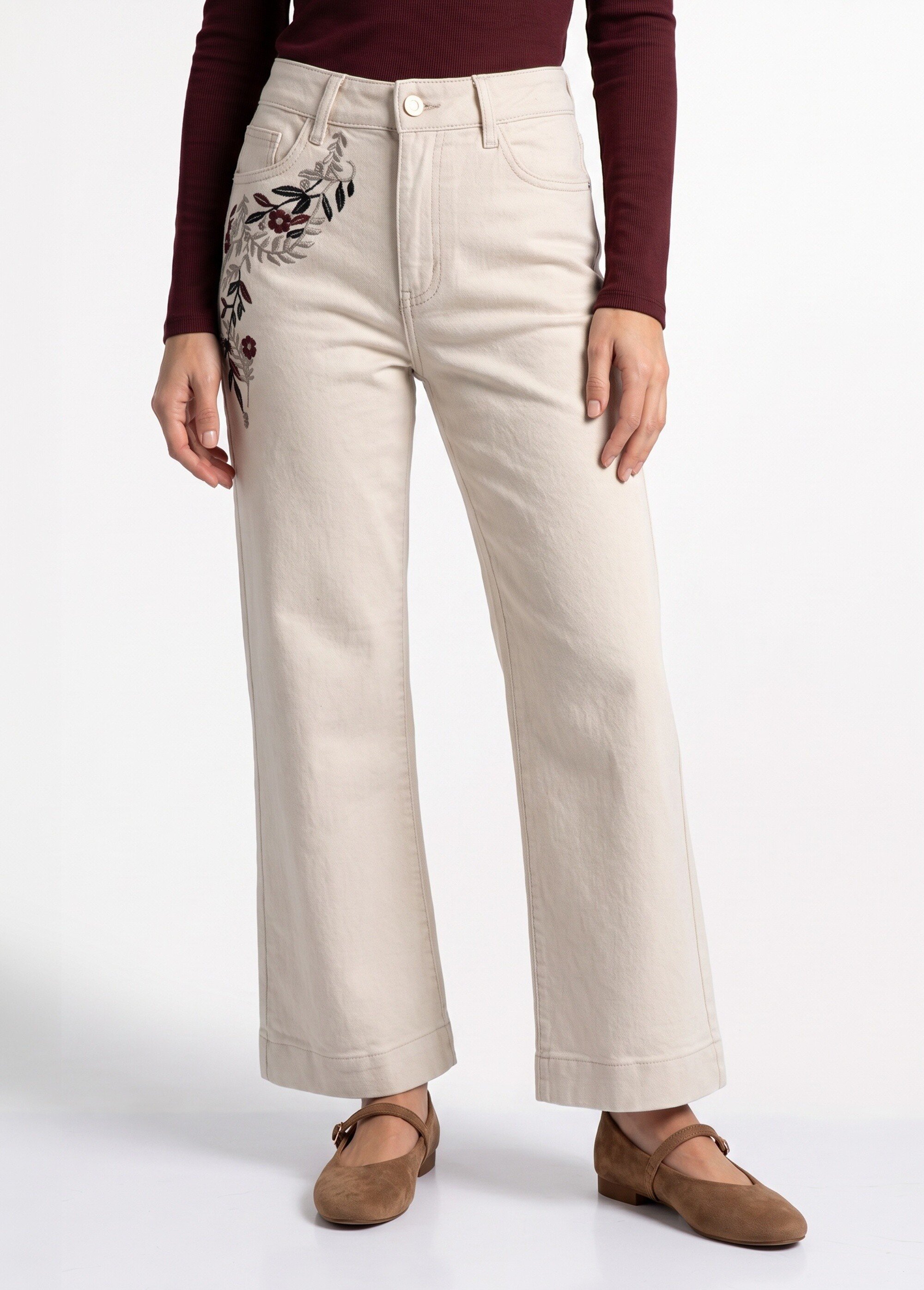 Jean wide avec broderies, spécial PETITE Femme Beige OR-JD656 FA1