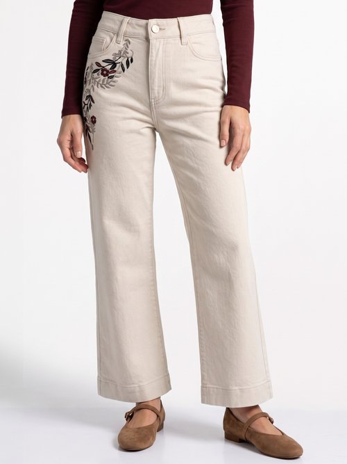 Jean wide avec broderies, spécial PETITE Femme Beige OR-JD656 FA1