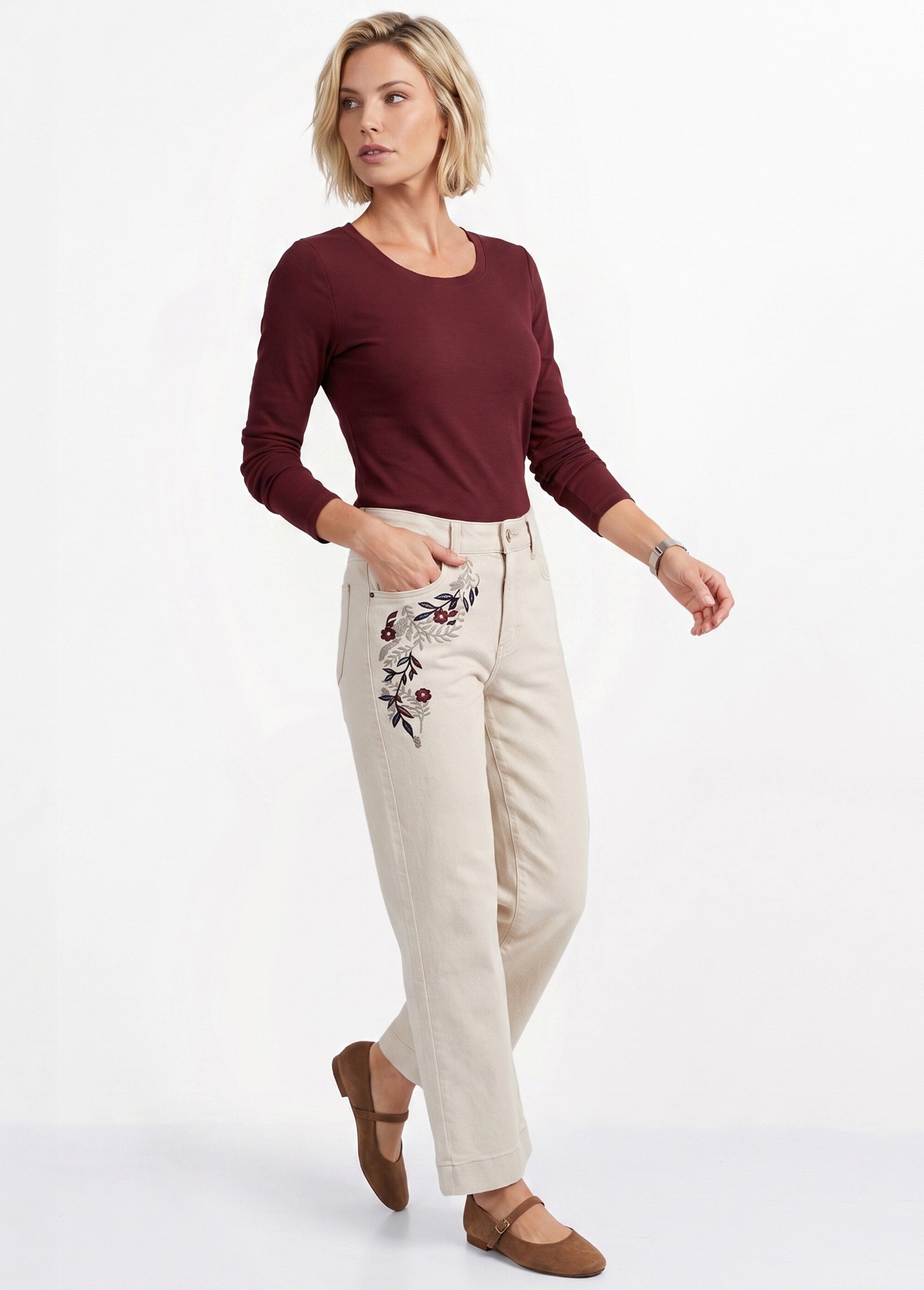 Jean wide avec broderies, spécial PETITE Femme Beige OR-JD656 MV1