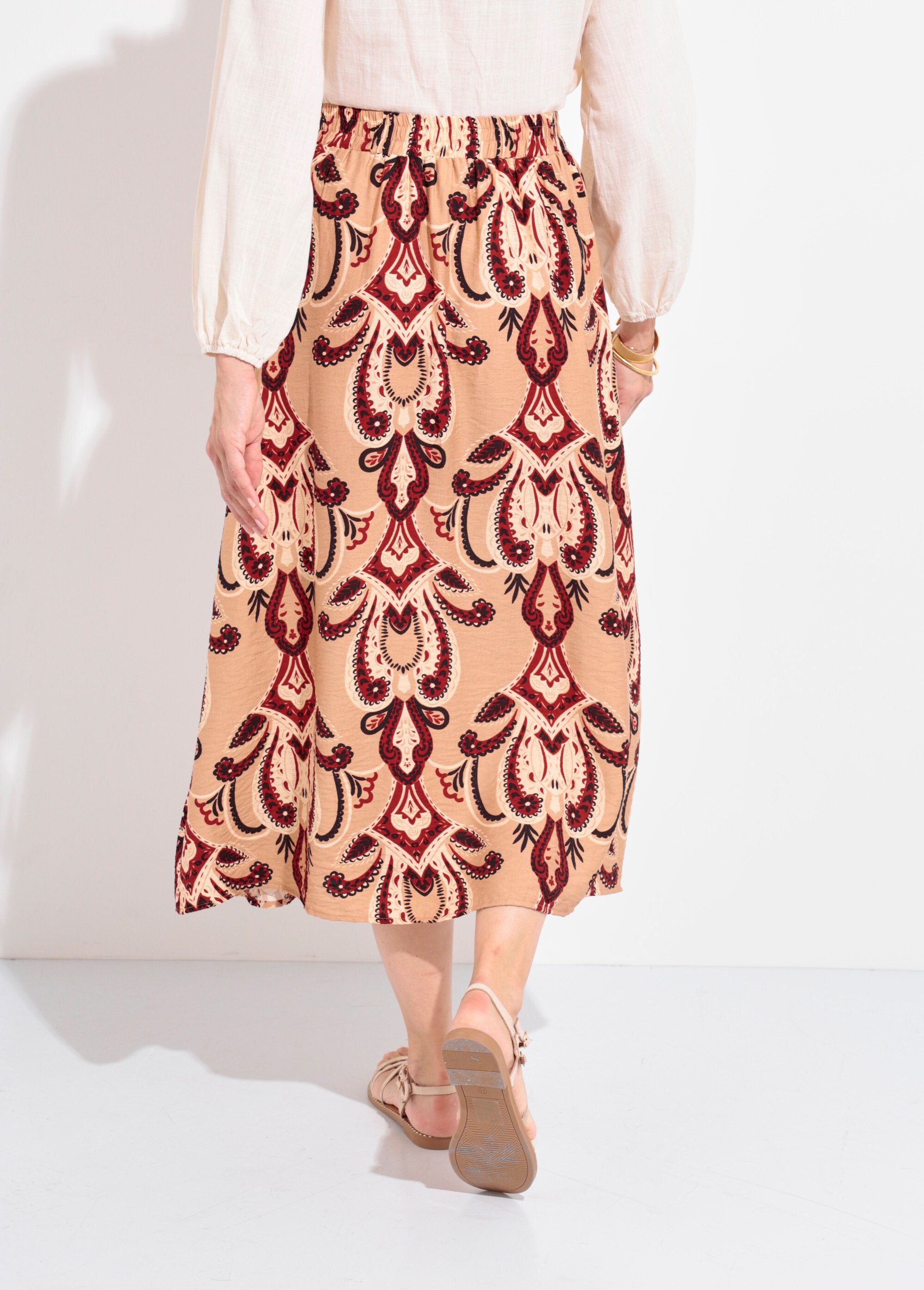 Jupe longue fluide imprimé cachemire Femme Beige IA-R5916 DO1