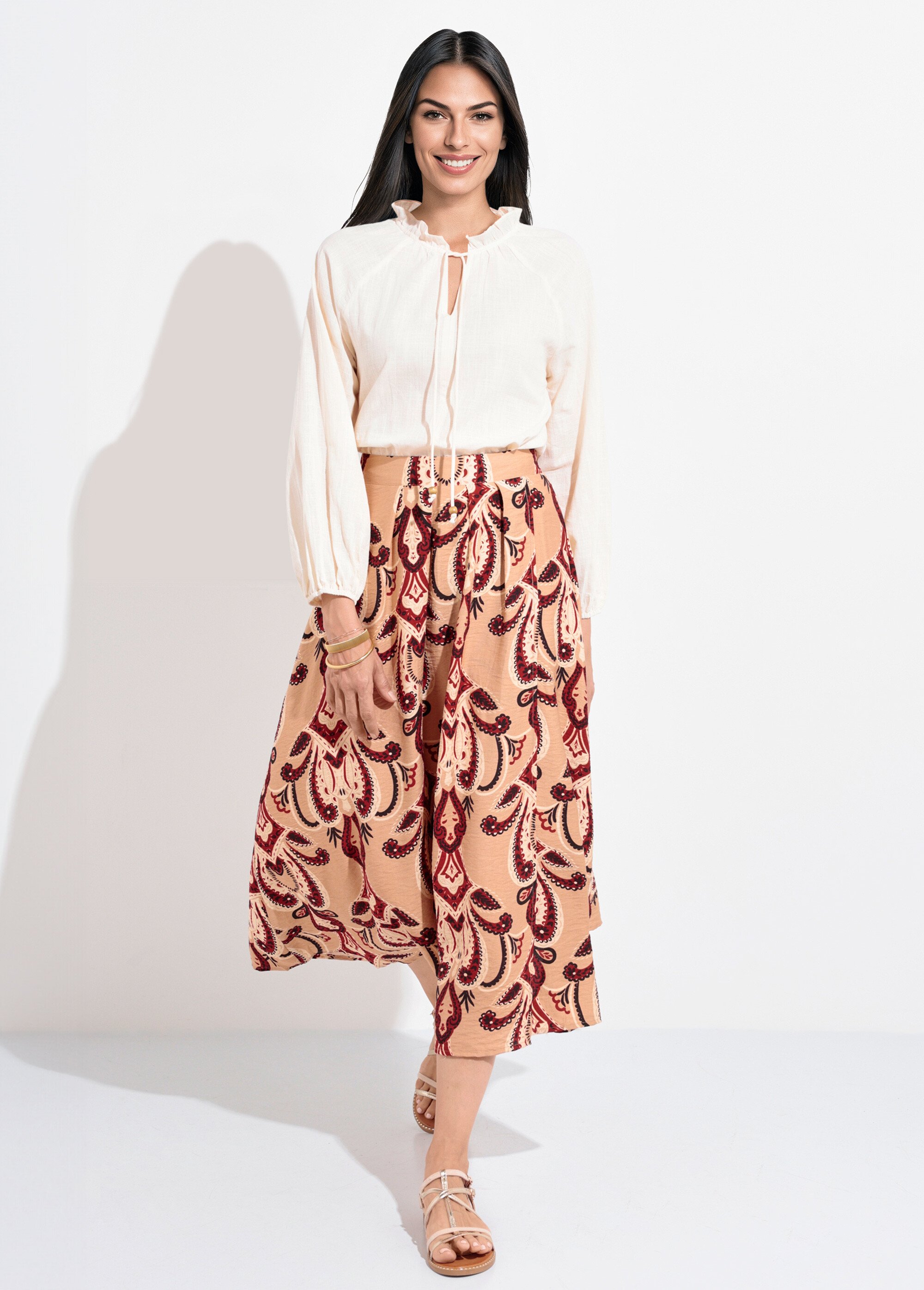 Jupe longue fluide imprimé cachemire Femme Beige IA-R5916 SF1