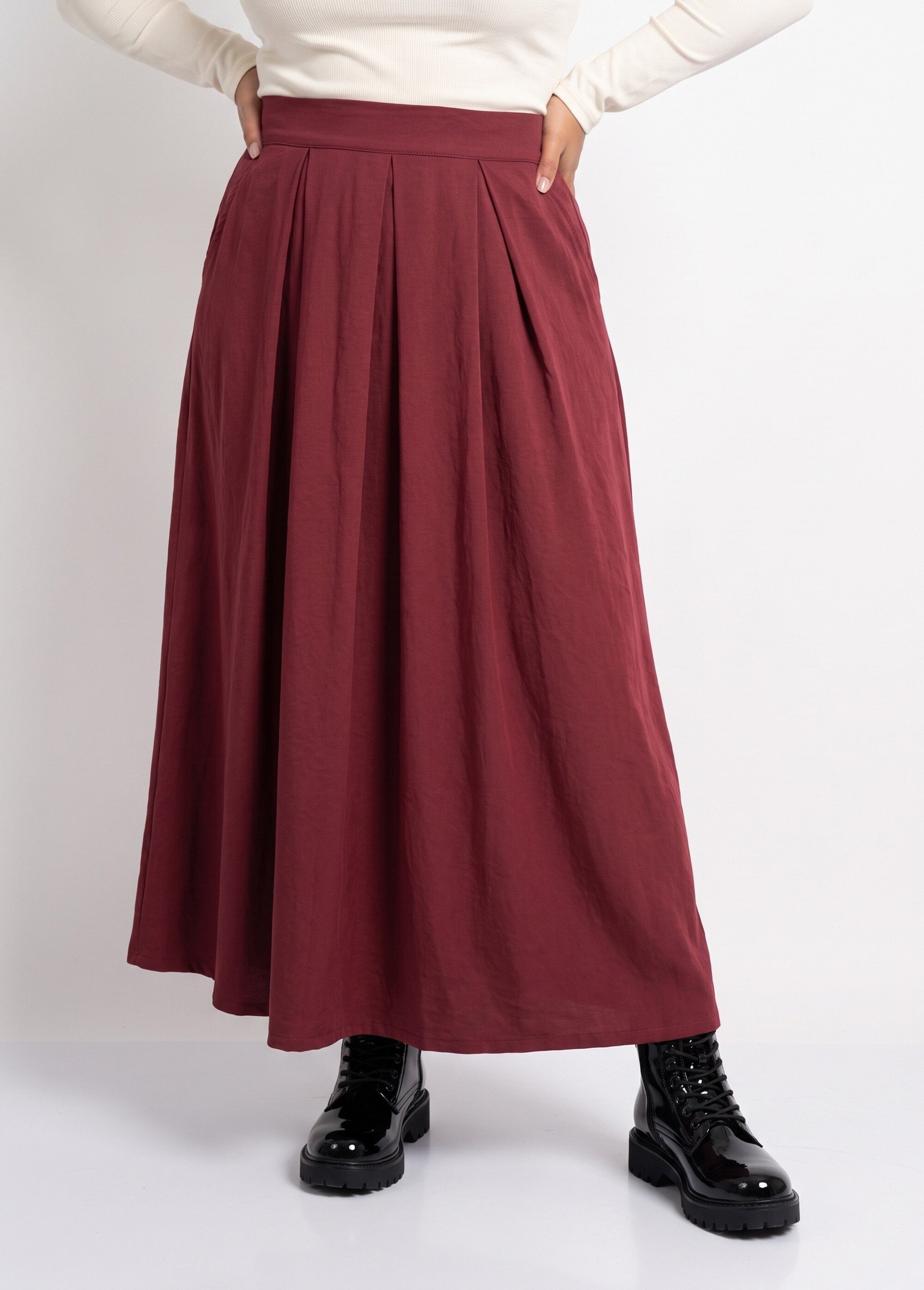 Jupe longue taille plissée et élastiquée Femme Grande Taille Rouge CHY-AB050 FA1