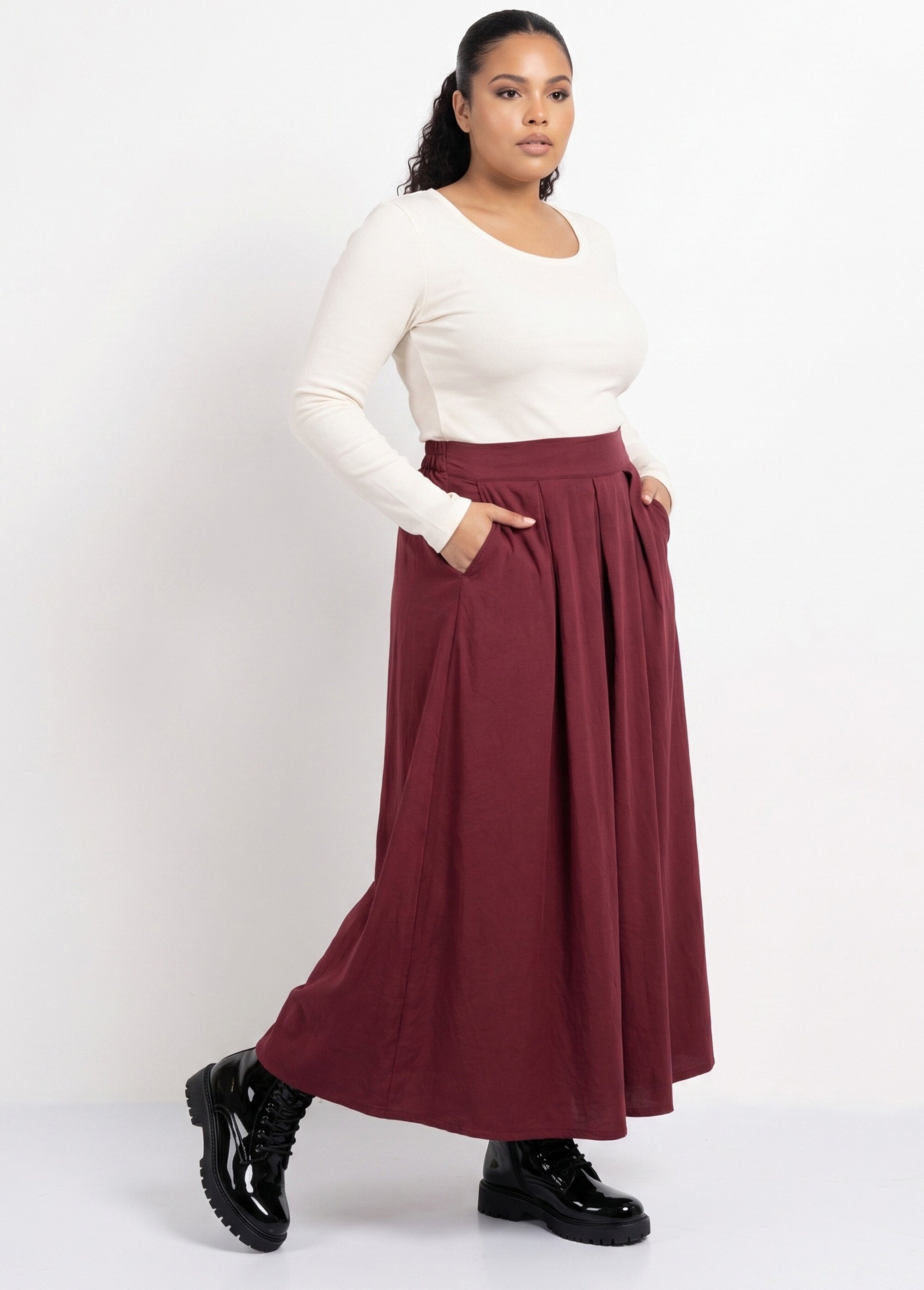 Jupe longue taille plissée et élastiquée Femme Grande Taille Rouge CHY-AB050 MV1