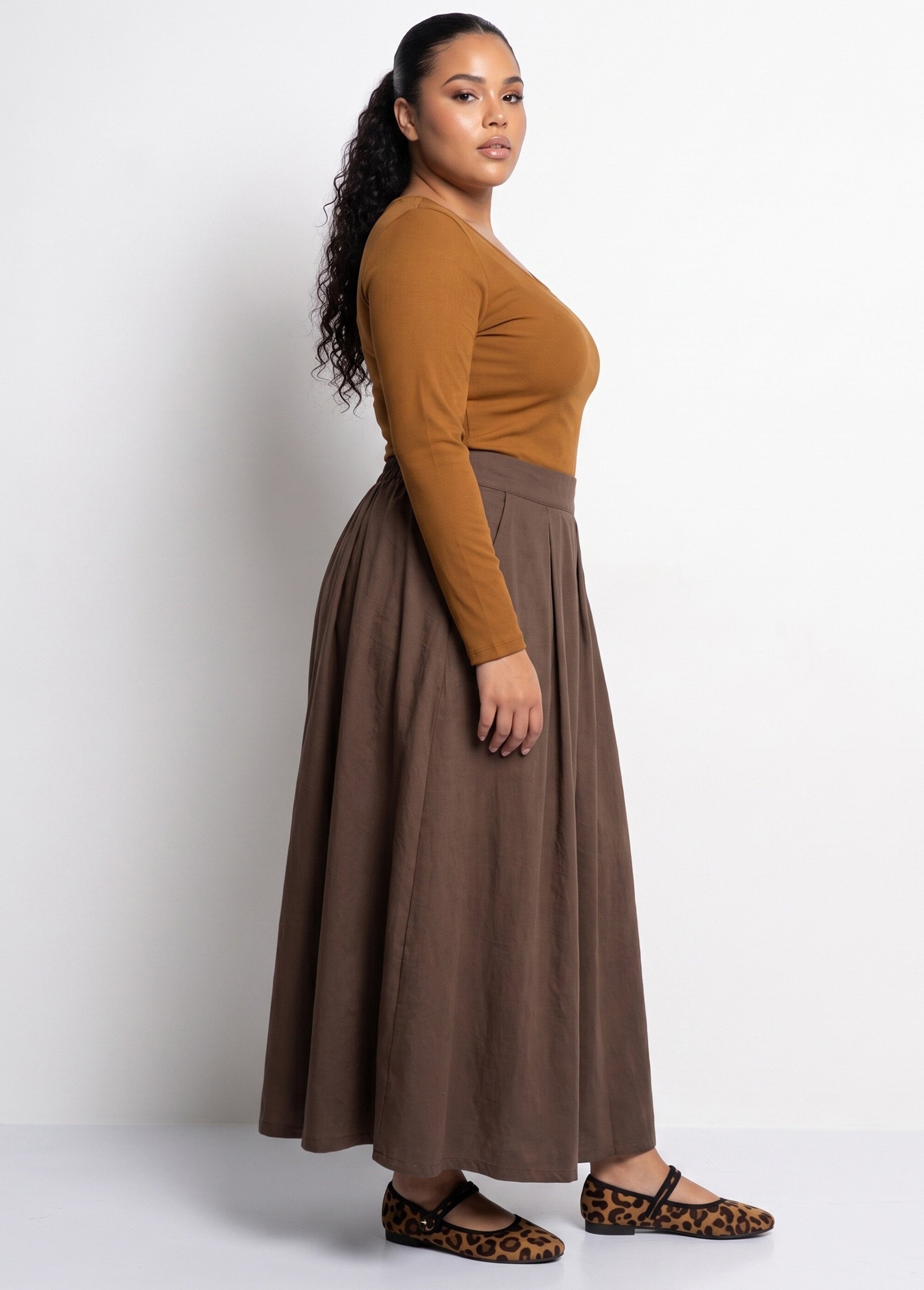 Jupe longue taille plissée et élastiquée Femme Grande Taille Marron CHY-AB050 DR1