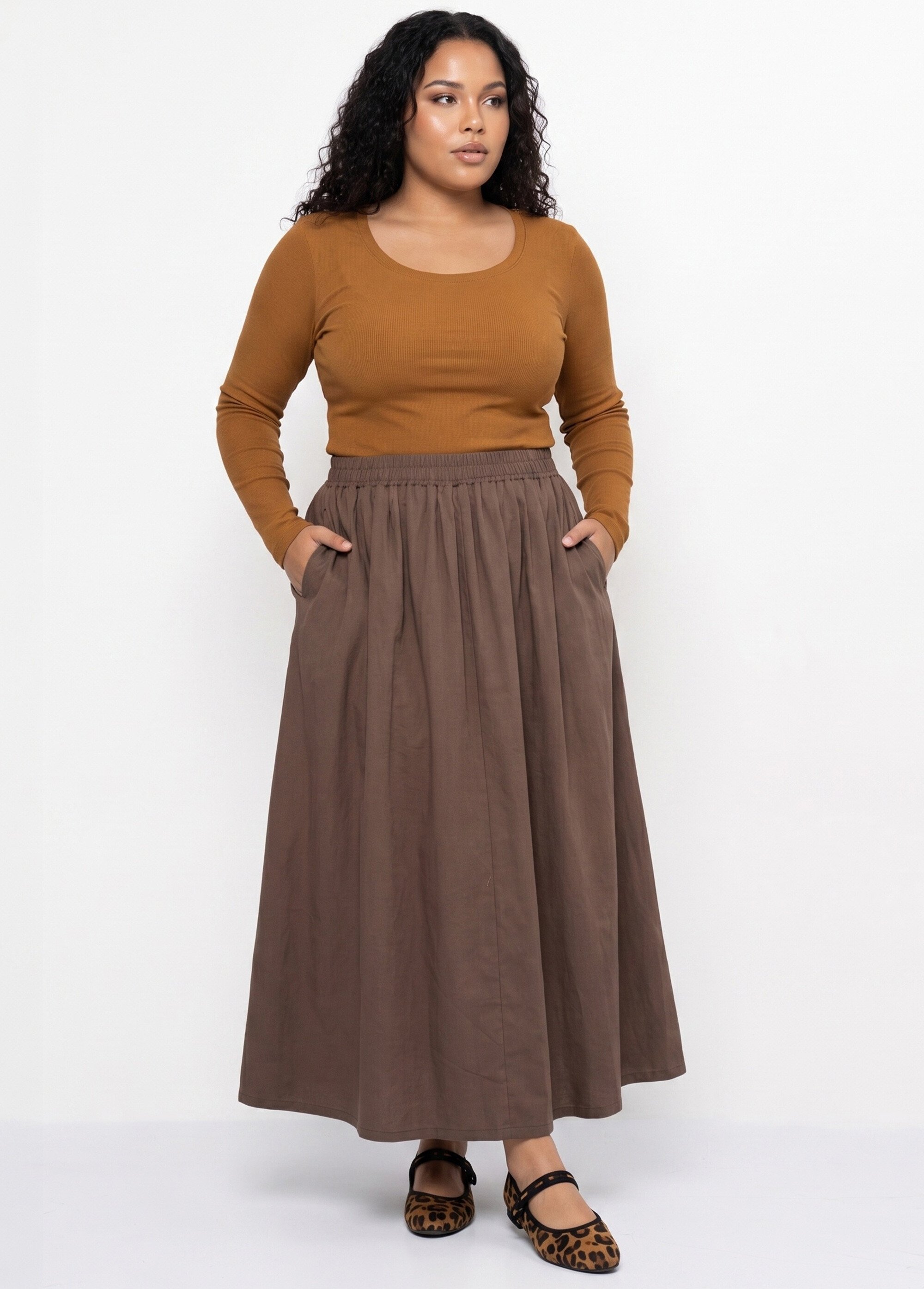 Jupe longue taille plissée et élastiquée Femme Grande Taille Marron CHY-AB050 SI1
