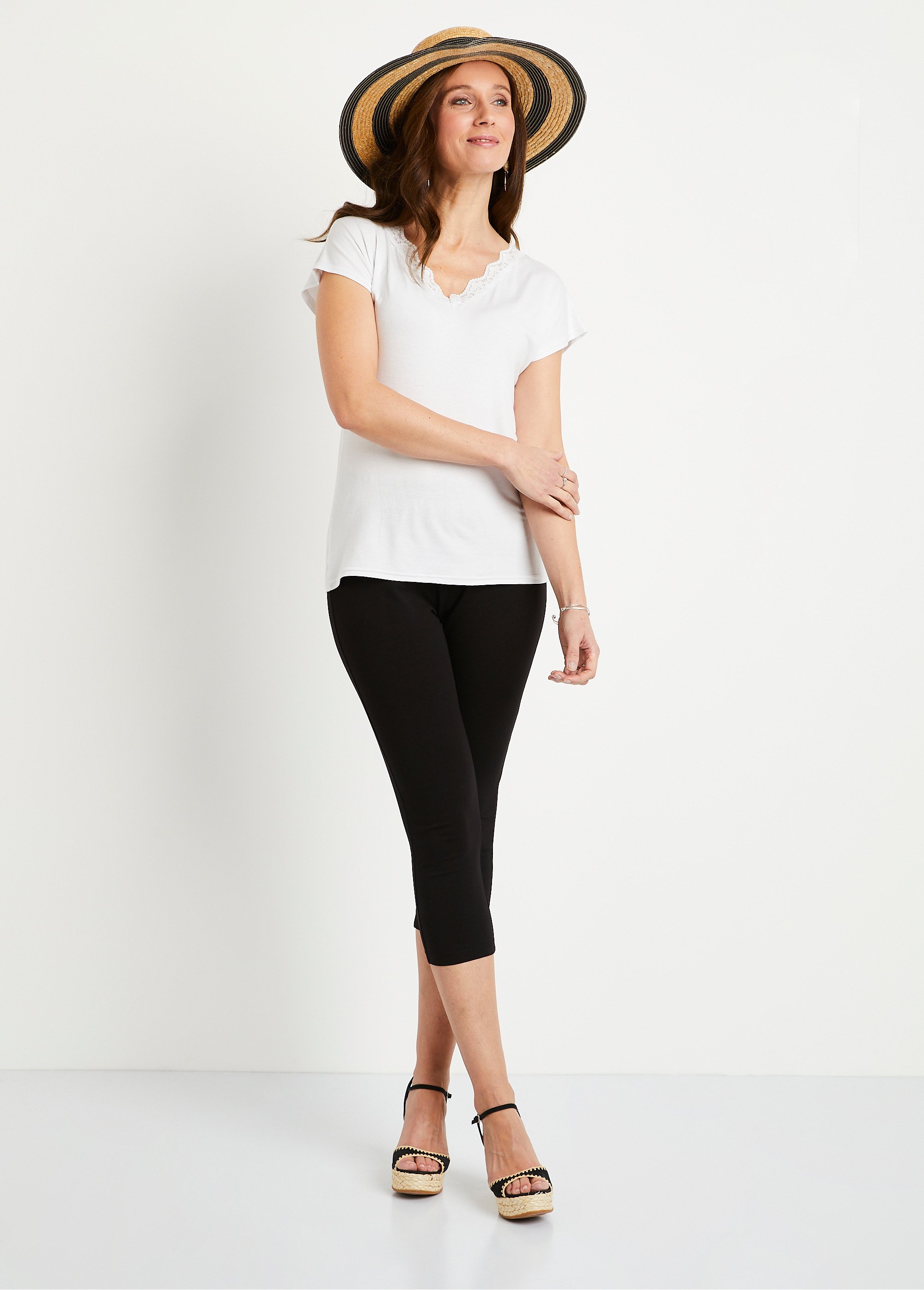 Legging court uni ceinture élastiquée - Afibel - Bleu marine - Femme - 19.99