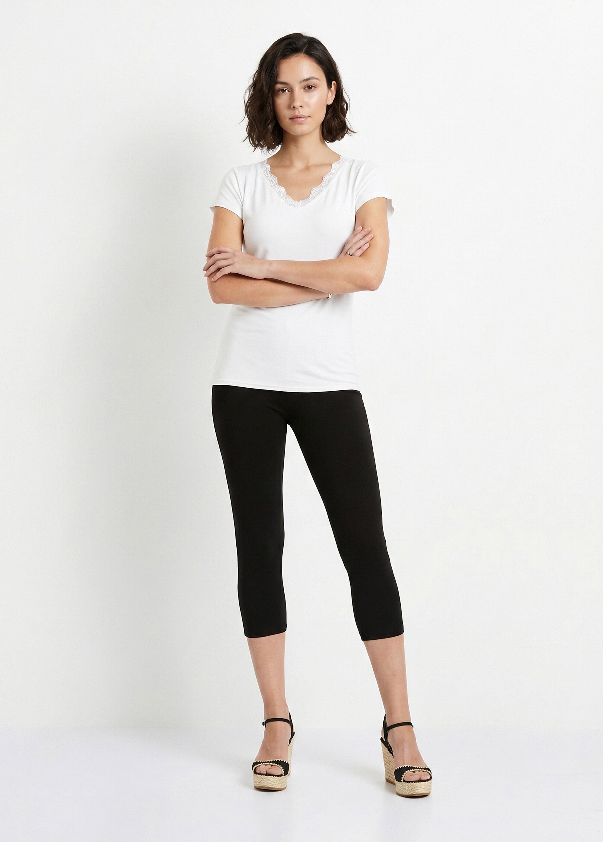 Legging court coton taille élastiquée Femme Noir NATAEL SI1