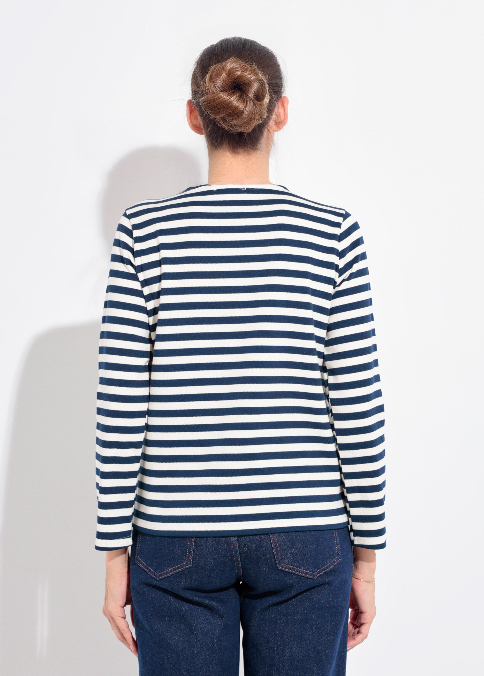 Marinière col rond dégagé broderie cœur Femme Bleu IA-M1287 DO1