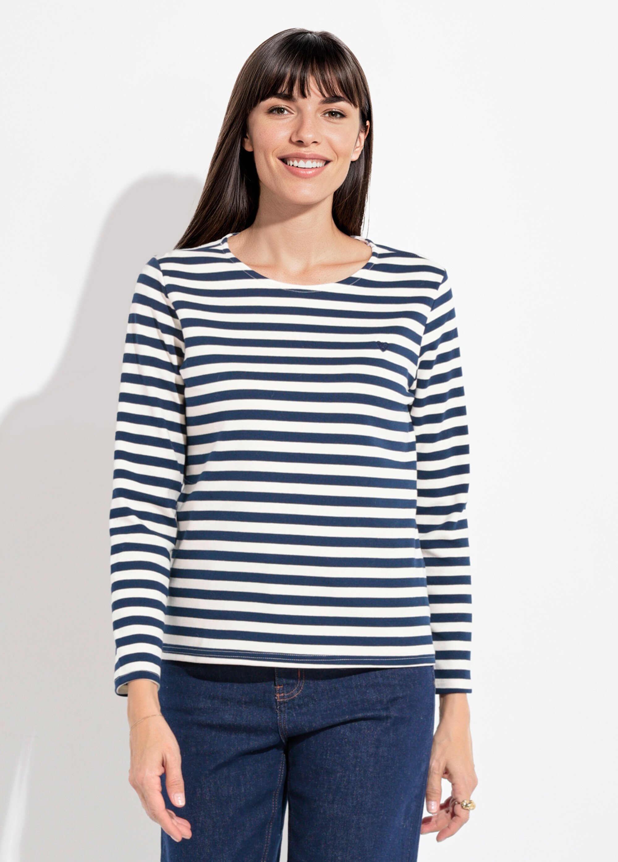 Marinière col rond dégagé broderie cœur Femme Bleu IA-M1287 FA1