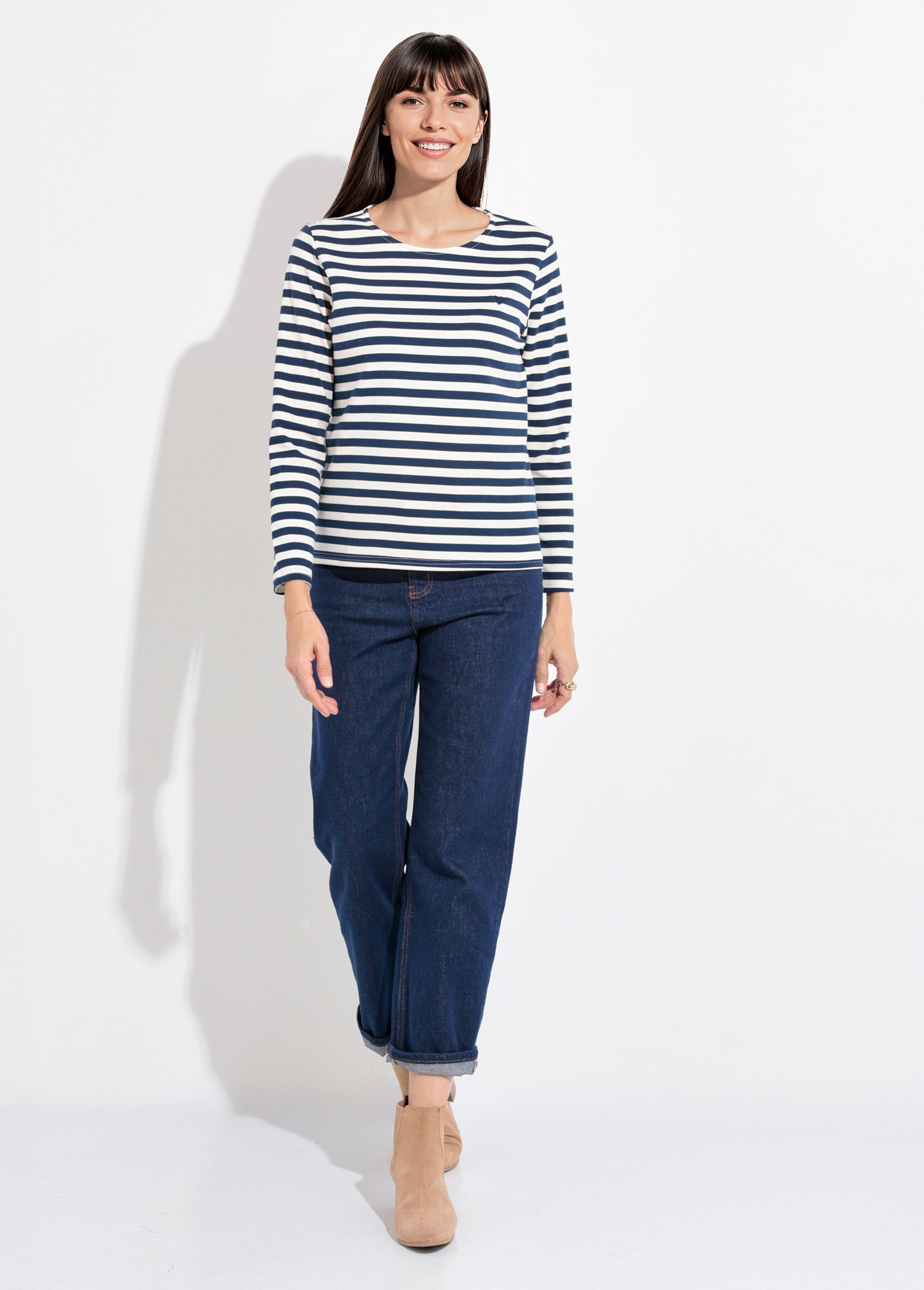 Marinière col rond dégagé broderie cœur Femme Bleu IA-M1287 SF1