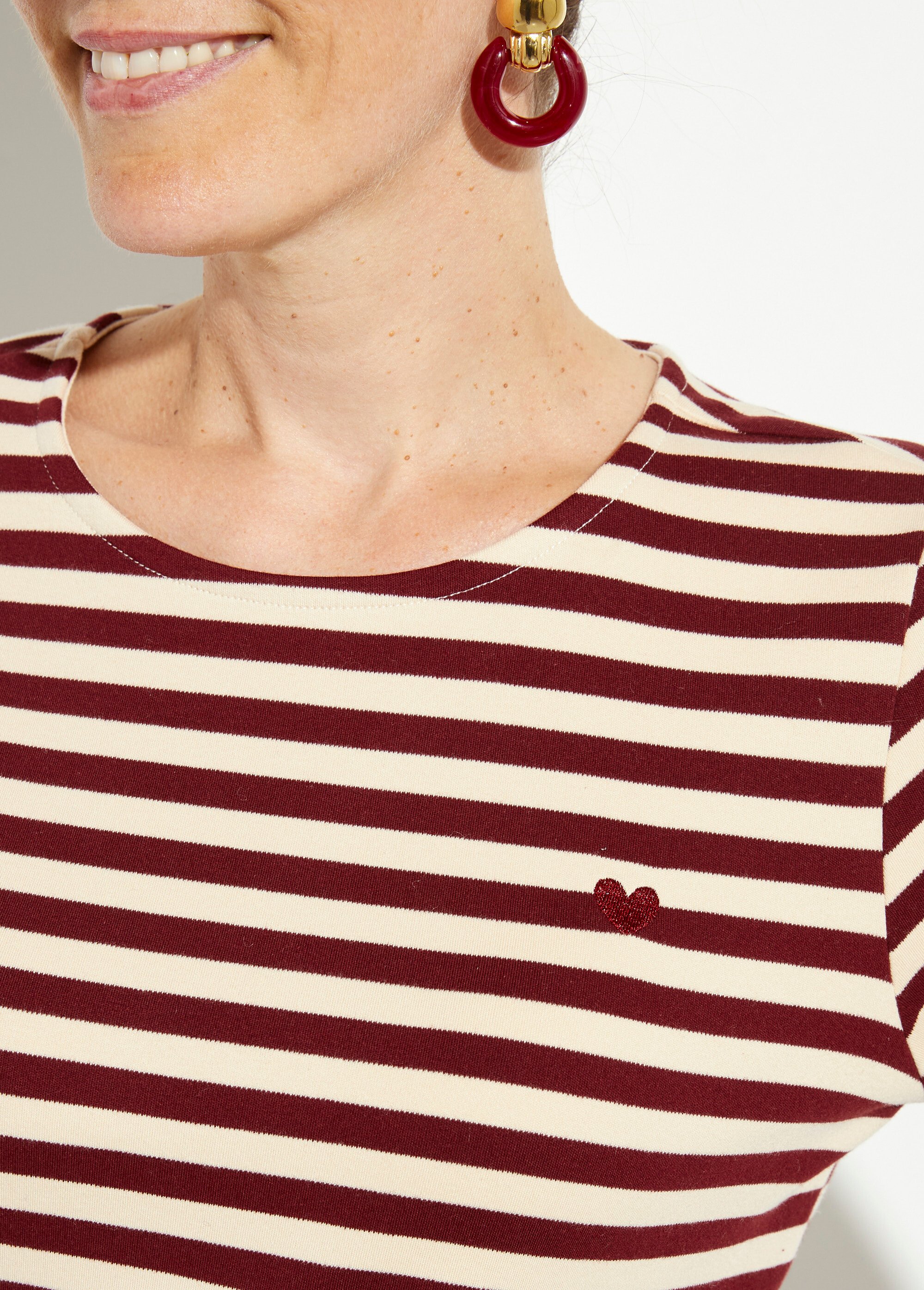 Marinière col rond dégagé broderie cœur Femme Rouge IA-M1287 DE1