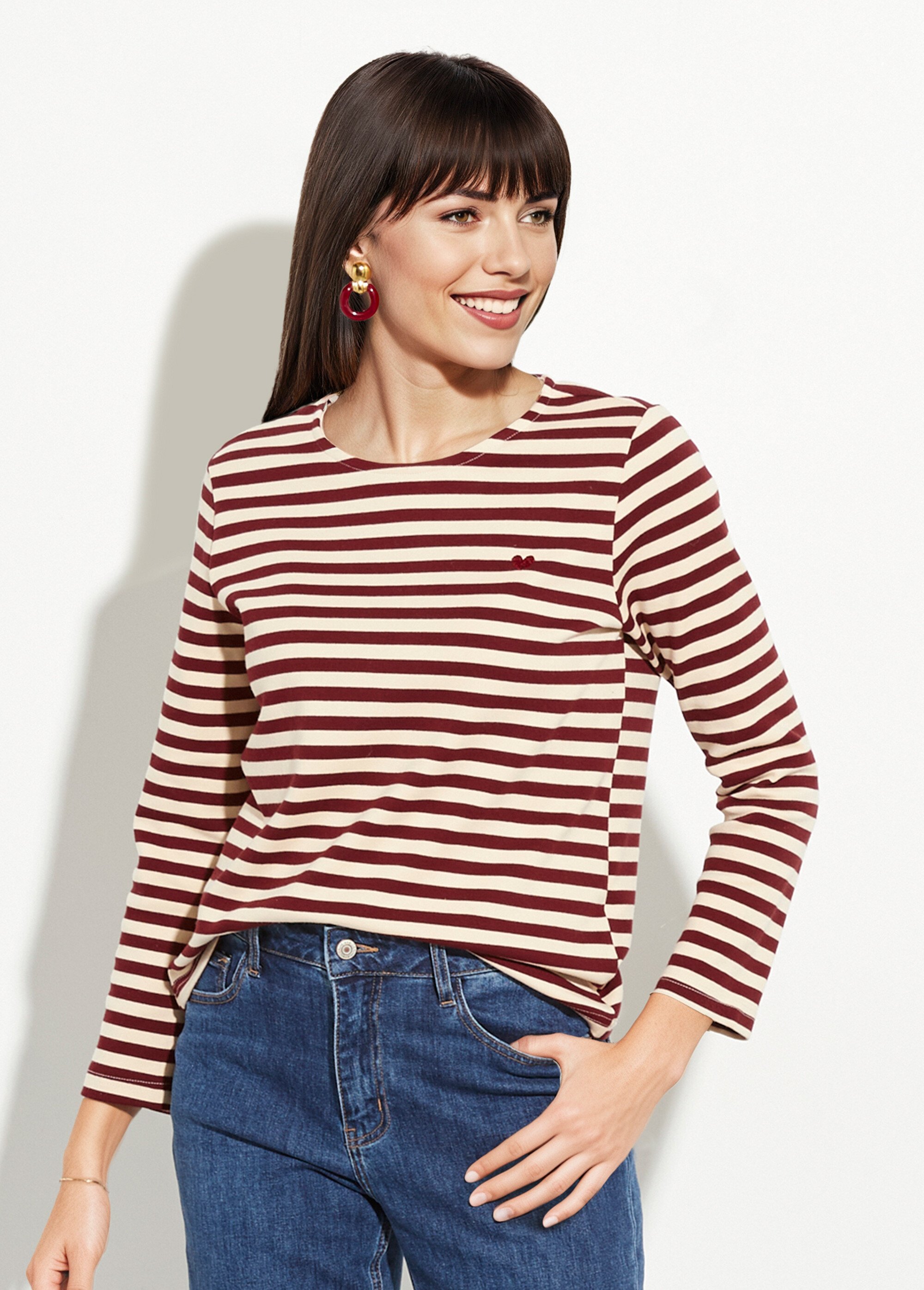Marinière col rond dégagé broderie cœur Femme Rouge IA-M1287 FA1