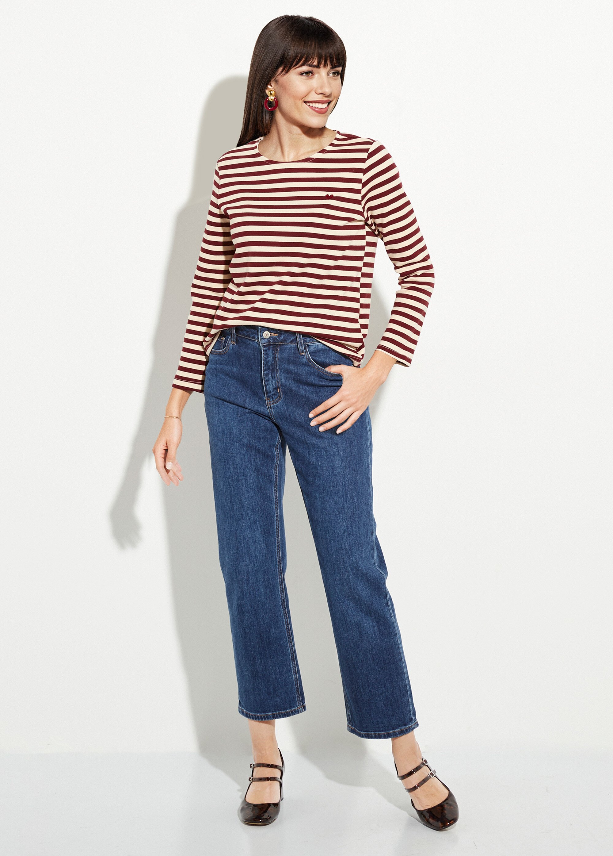 Marinière col rond dégagé broderie cœur Femme Rouge IA-M1287 SF1