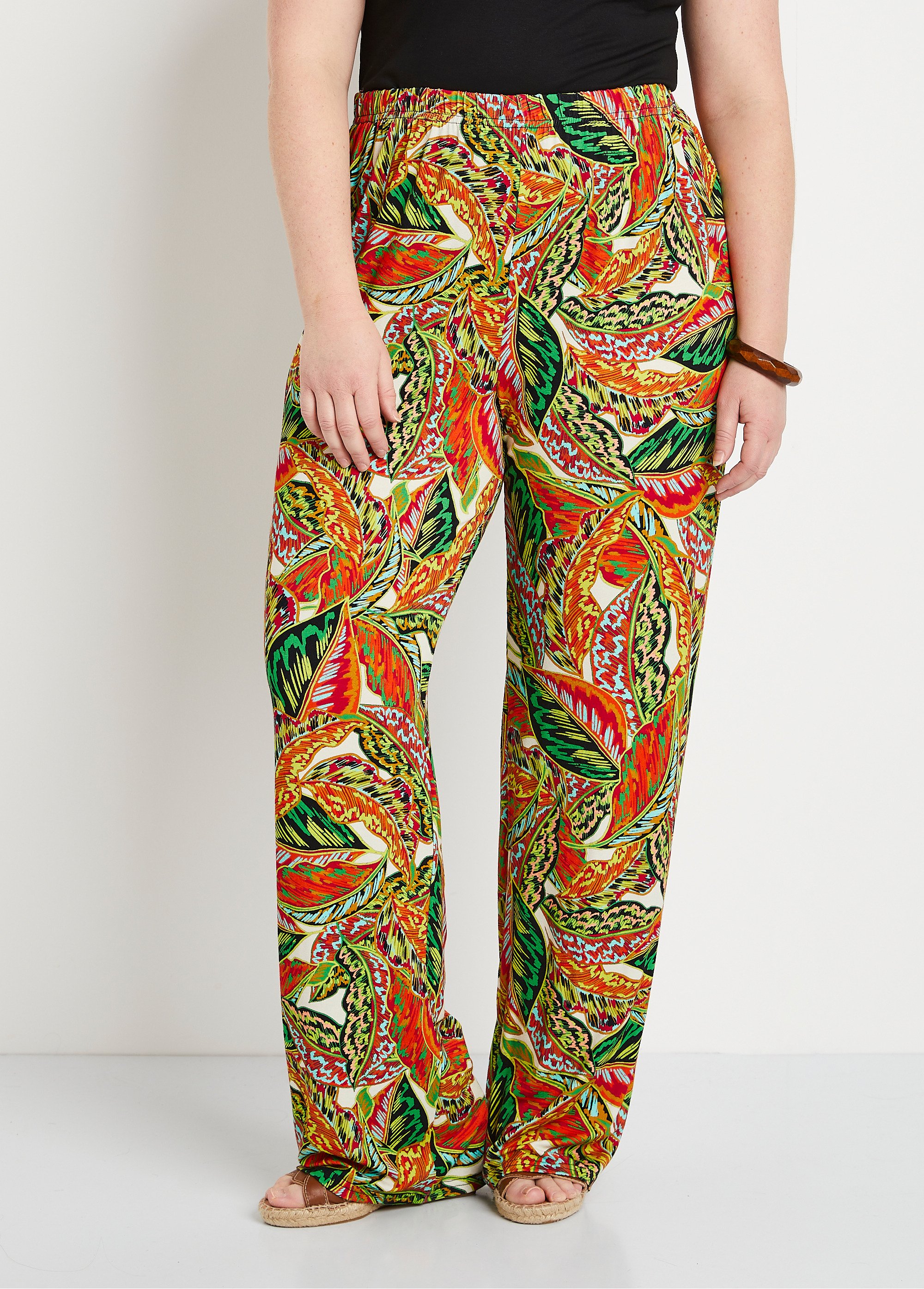 Pantalon ceinture élastiquée motif feuillage