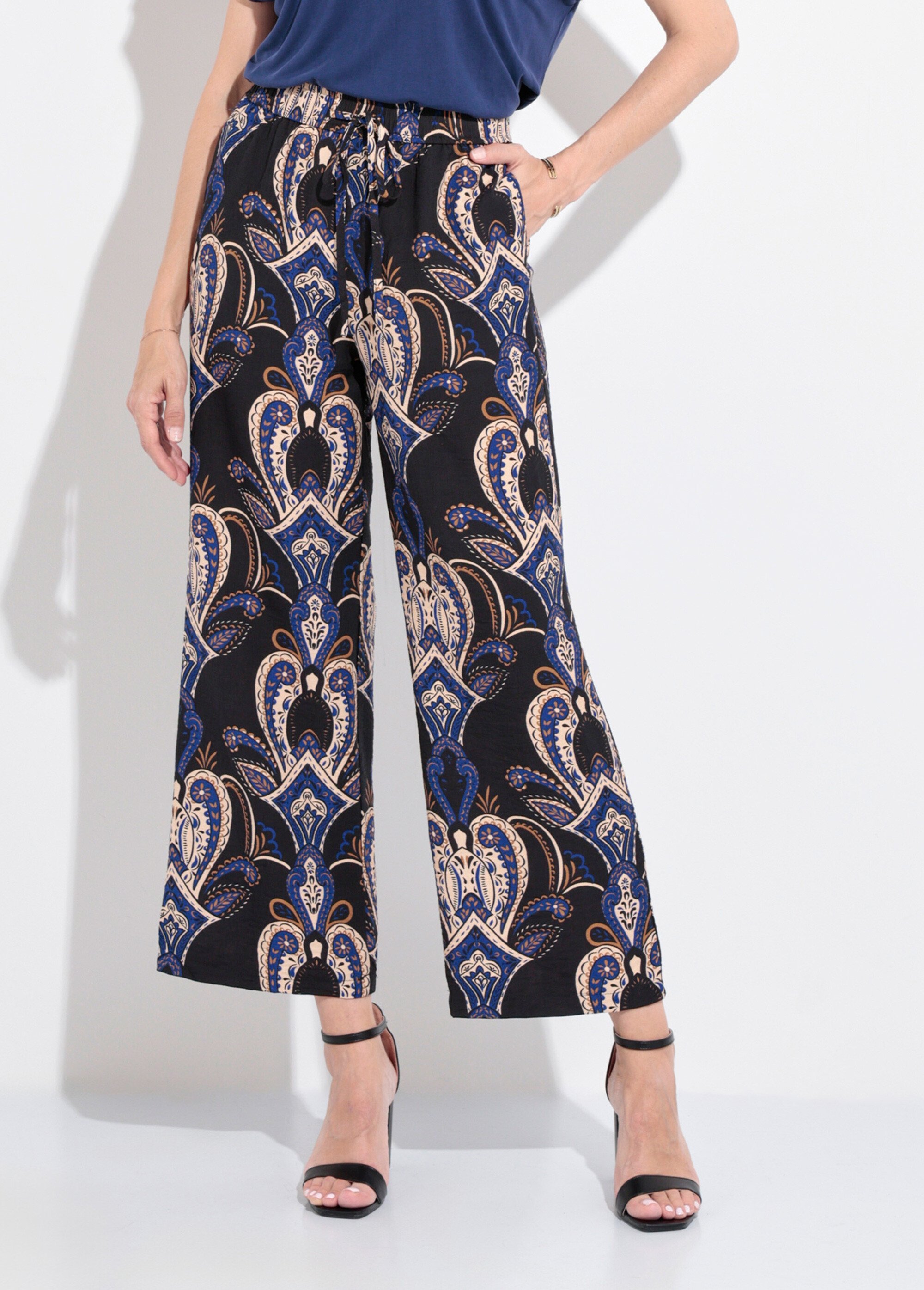 Pantalon élastiqué ample motif cachemire Femme Bleu IA-C829 FA1