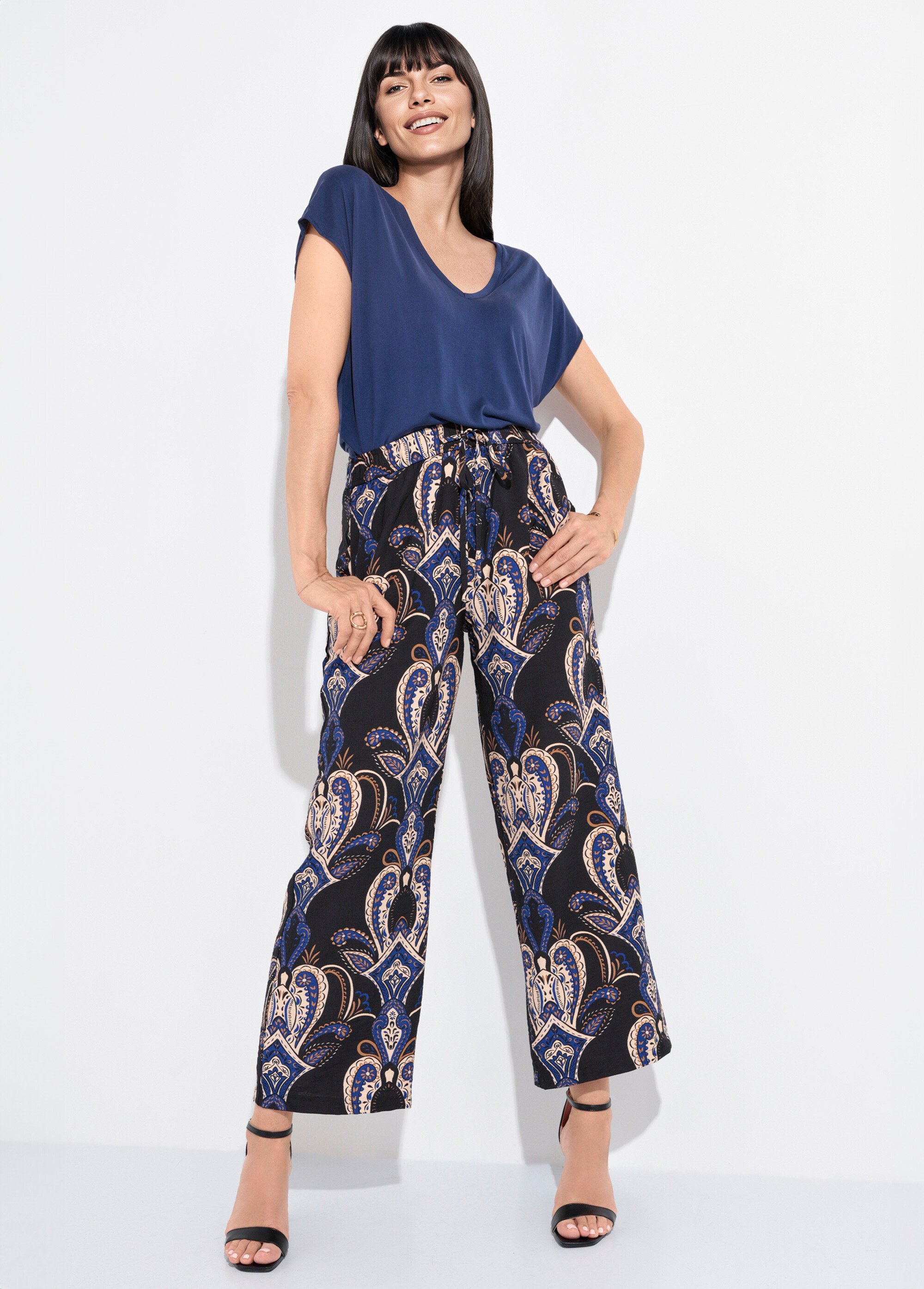 Pantalon élastiqué ample motif cachemire Femme Bleu IA-C829 MV1