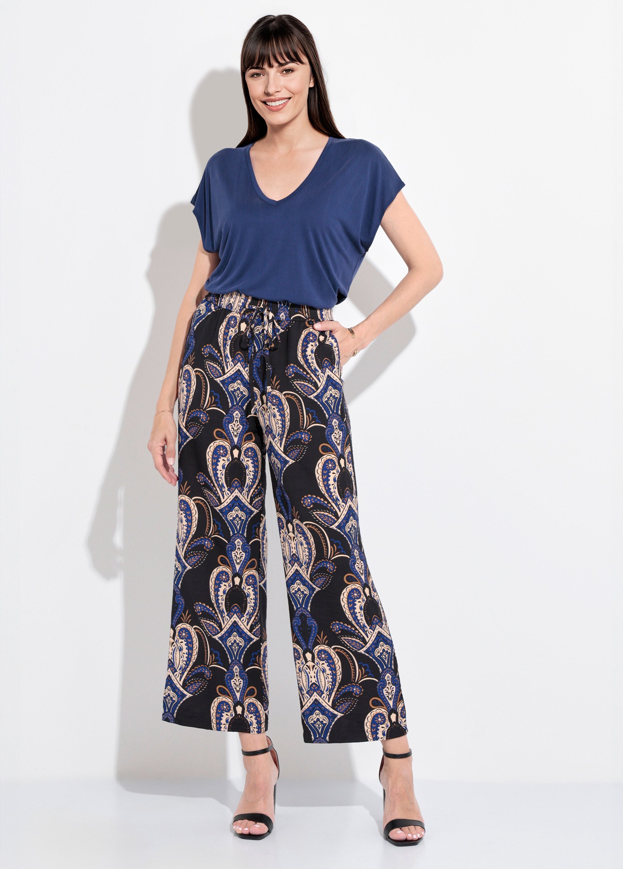 Pantalon élastiqué ample motif cachemire Femme Bleu IA-C829 SF1