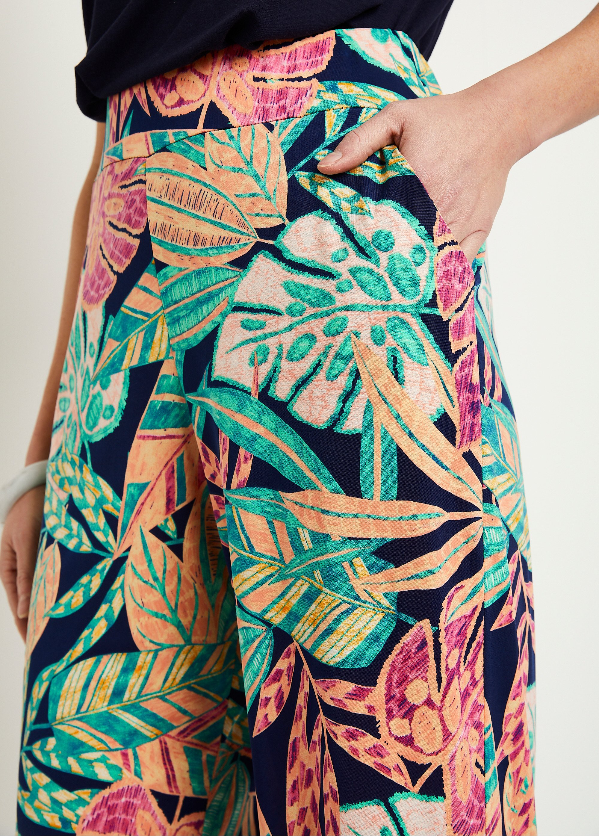 Pantalon large ceinture élastiquée feuillage