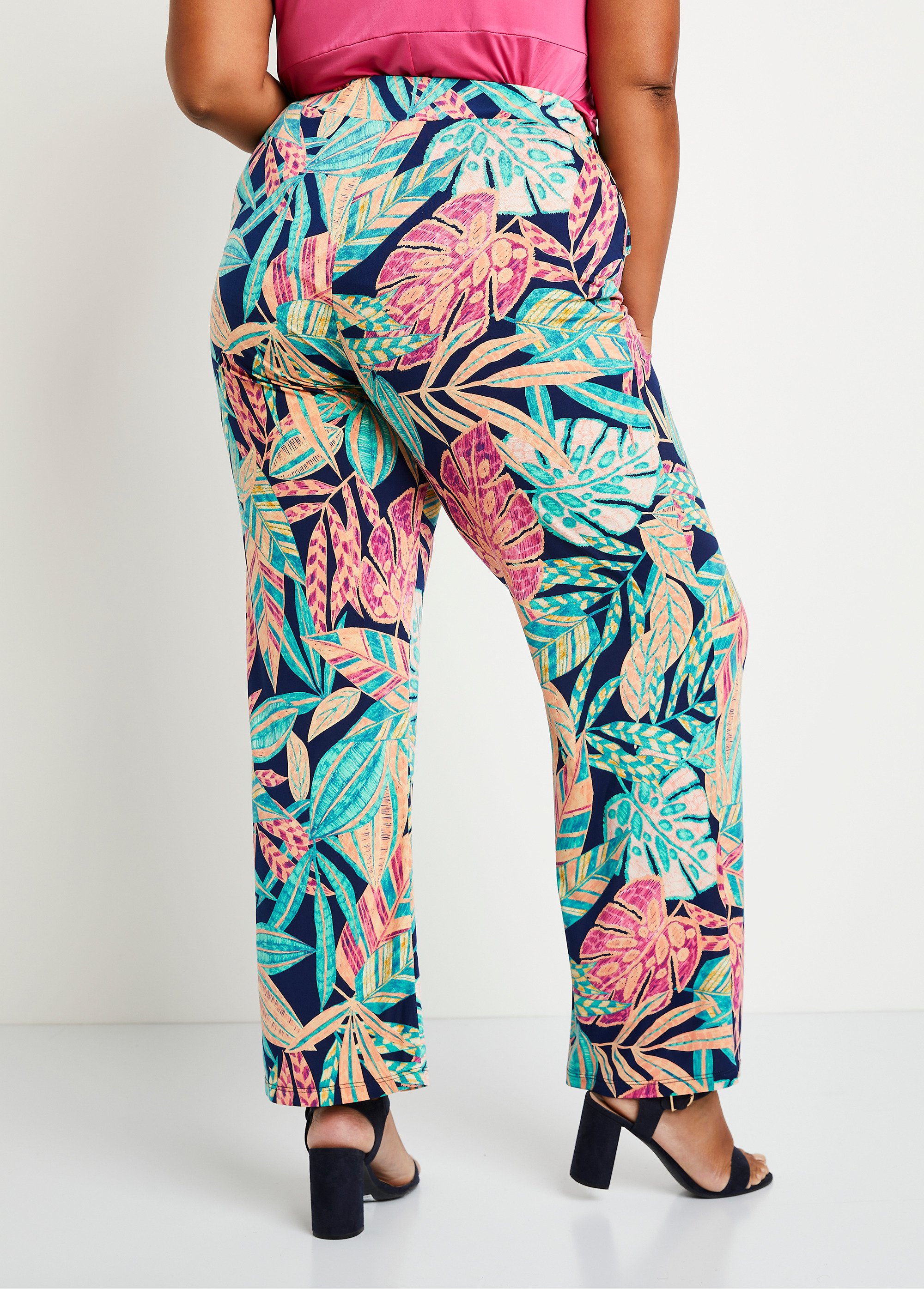 Pantalon large ceinture élastiquée feuillage