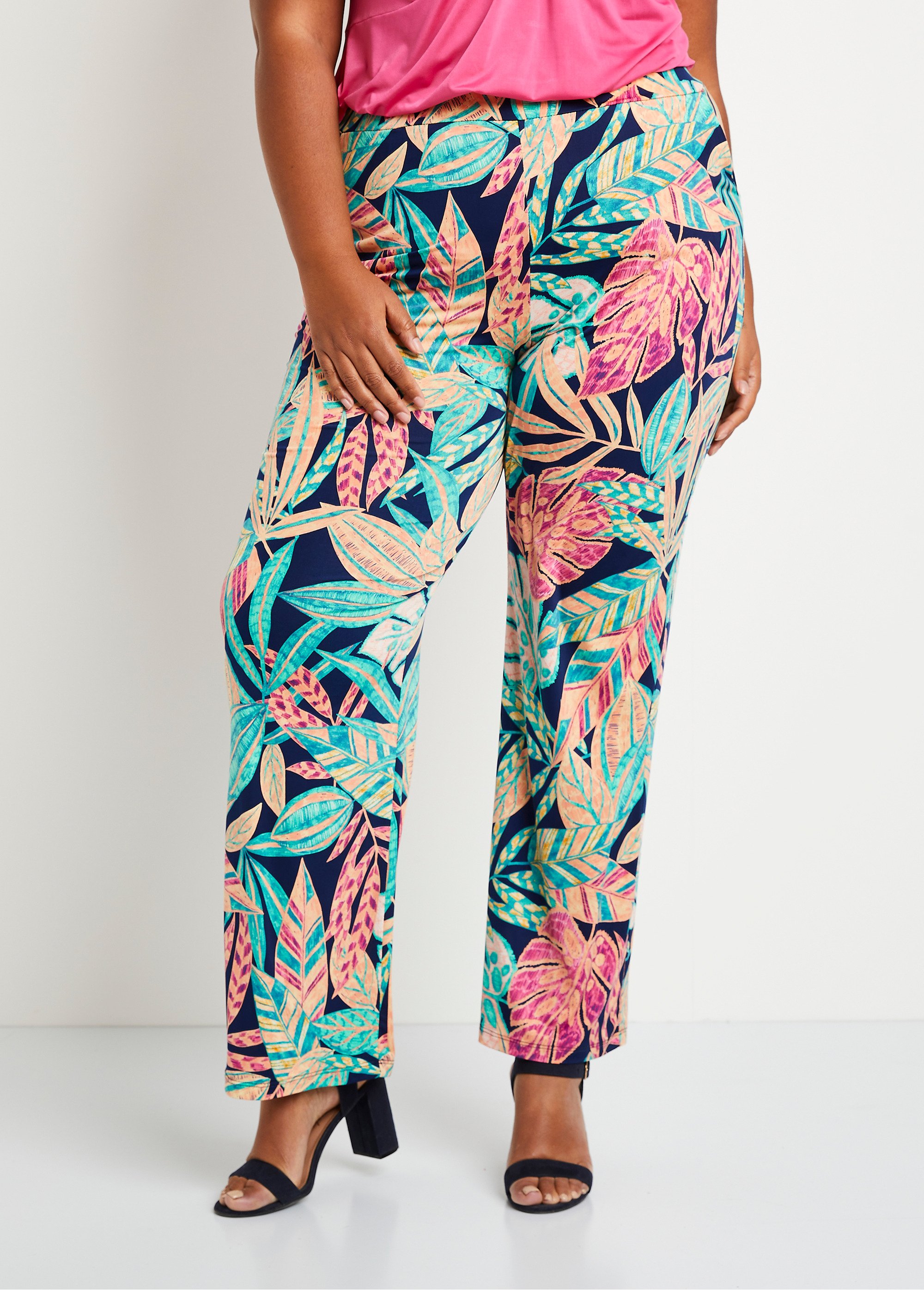 Pantalon large ceinture élastiquée feuillage