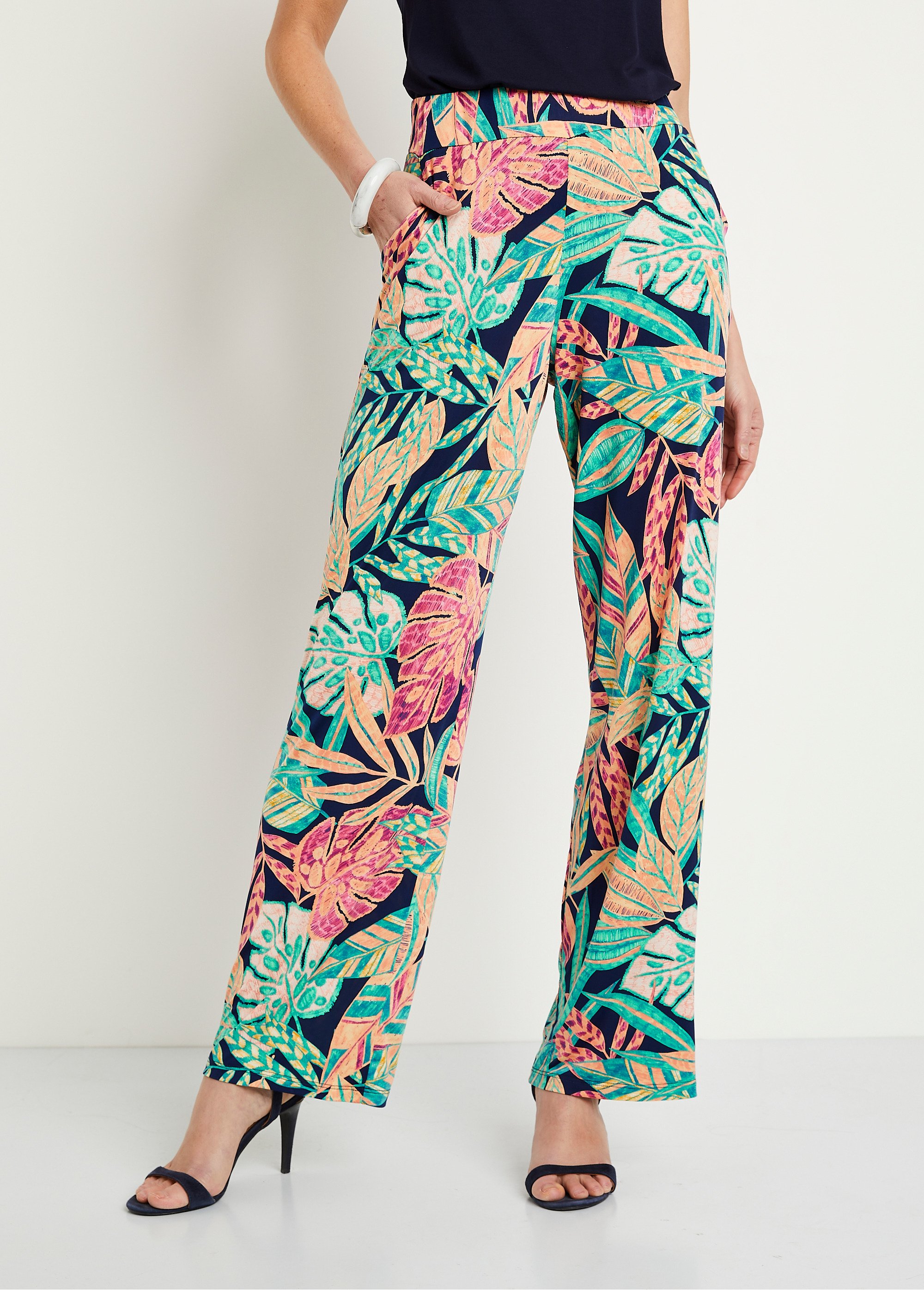 Pantalon large ceinture élastiquée feuillage Femme Vert NEWPORT FA2
