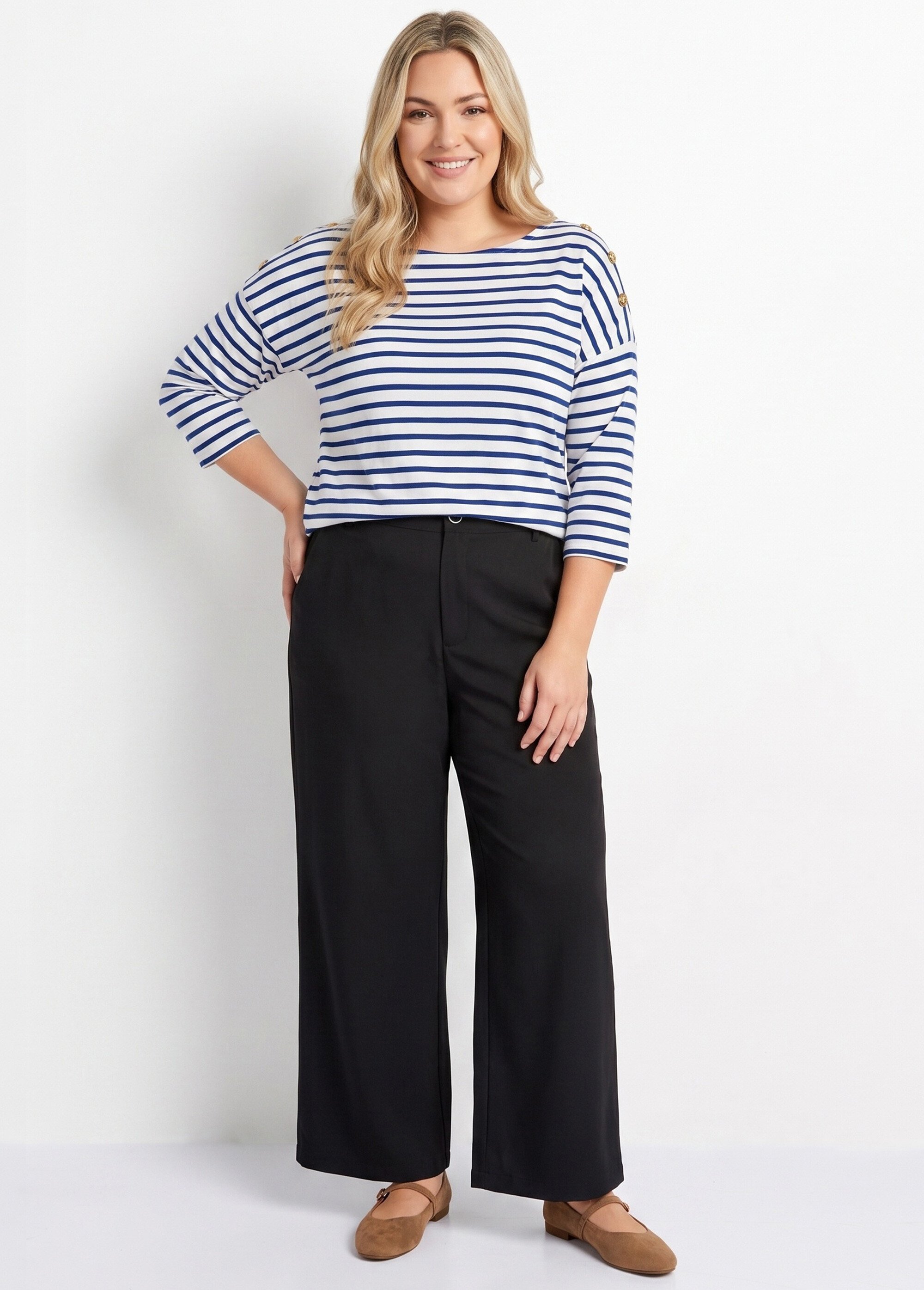 Pantalon large fluide taille élastiquée Femme Grande Taille Noir CHY-AB051 MV1