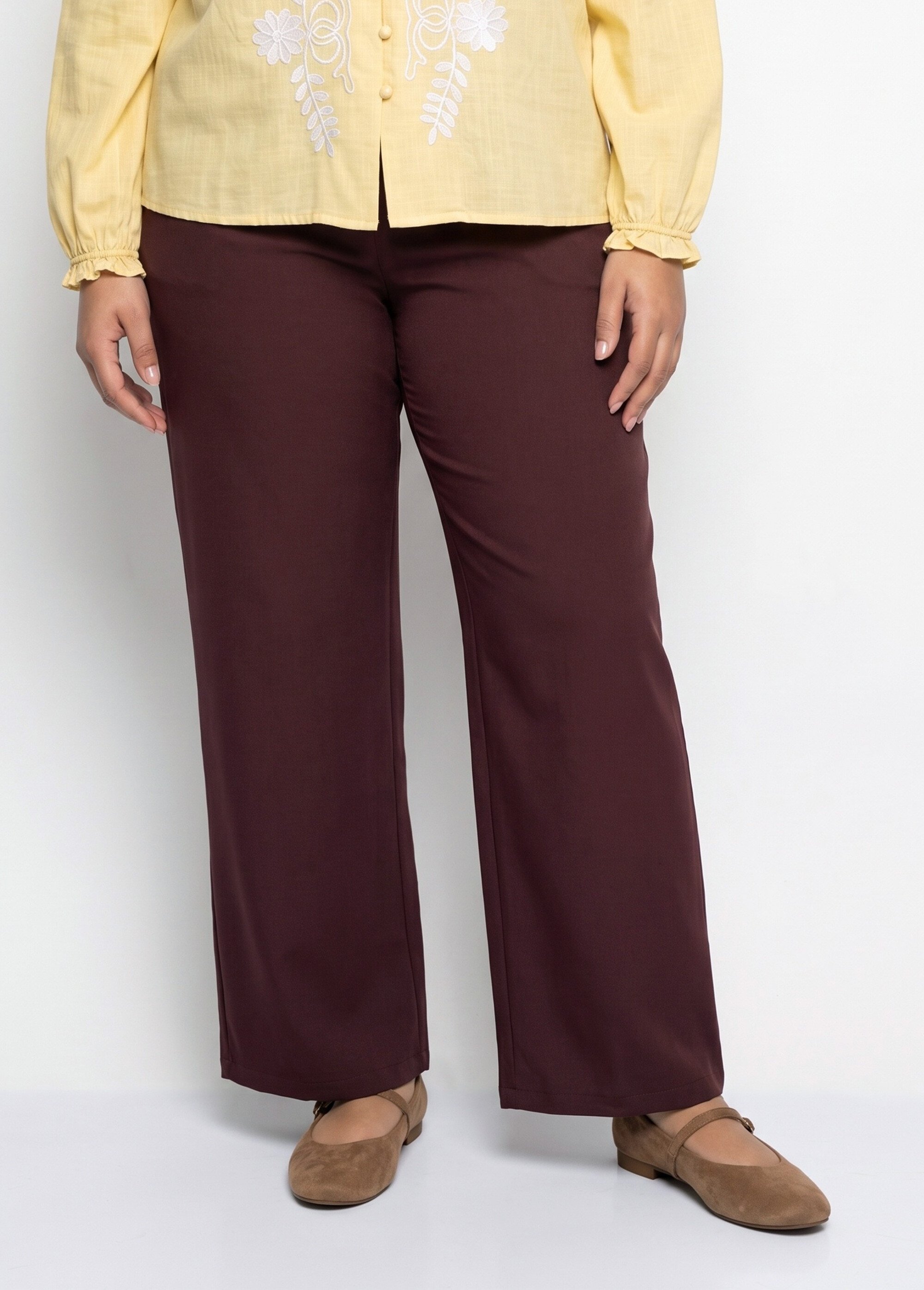 Pantalon large fluide taille élastiquée Femme Grande Taille Marron CHY-AB051 FA1