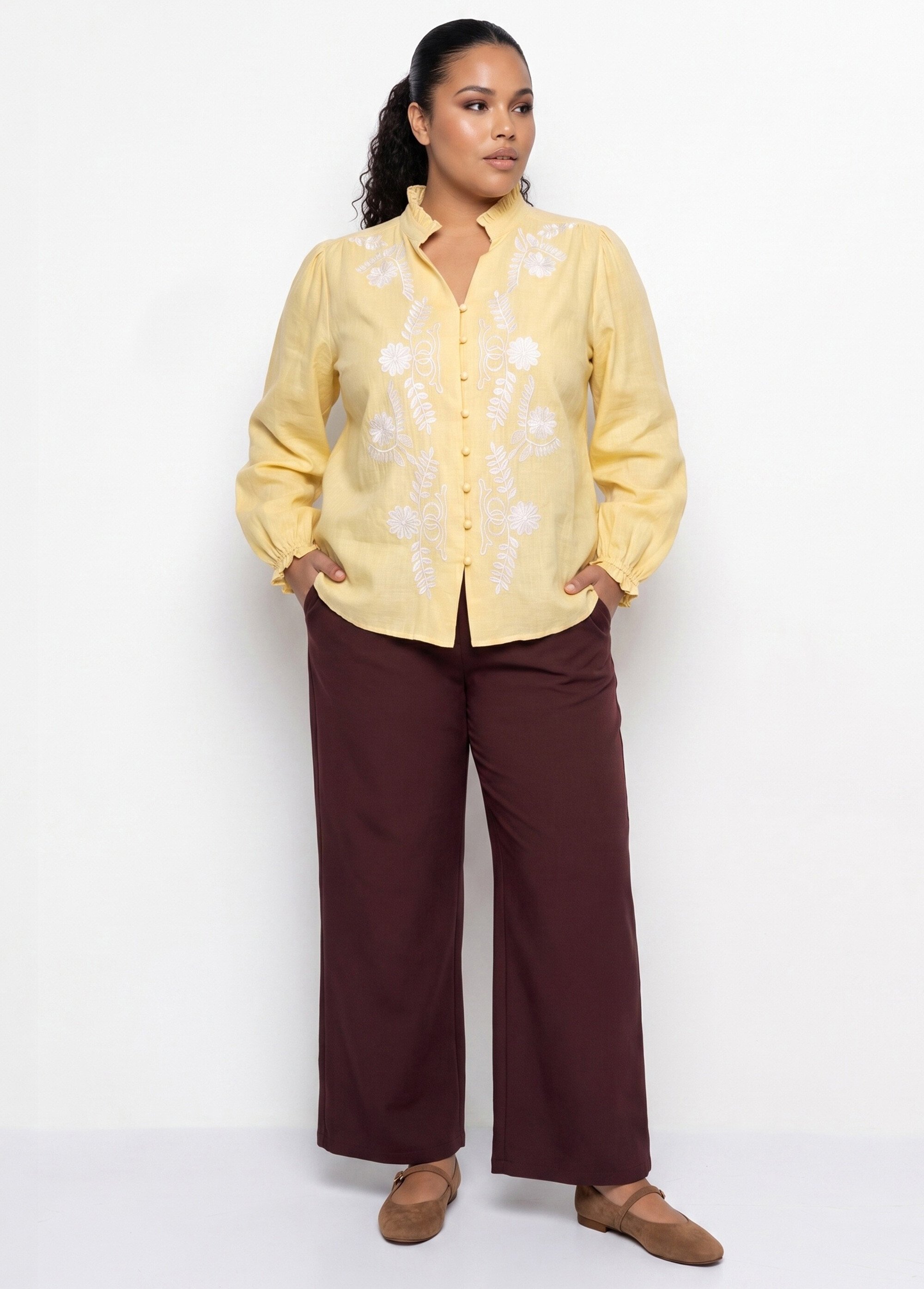 Pantalon large fluide taille élastiquée Femme Grande Taille Marron CHY-AB051 MV1