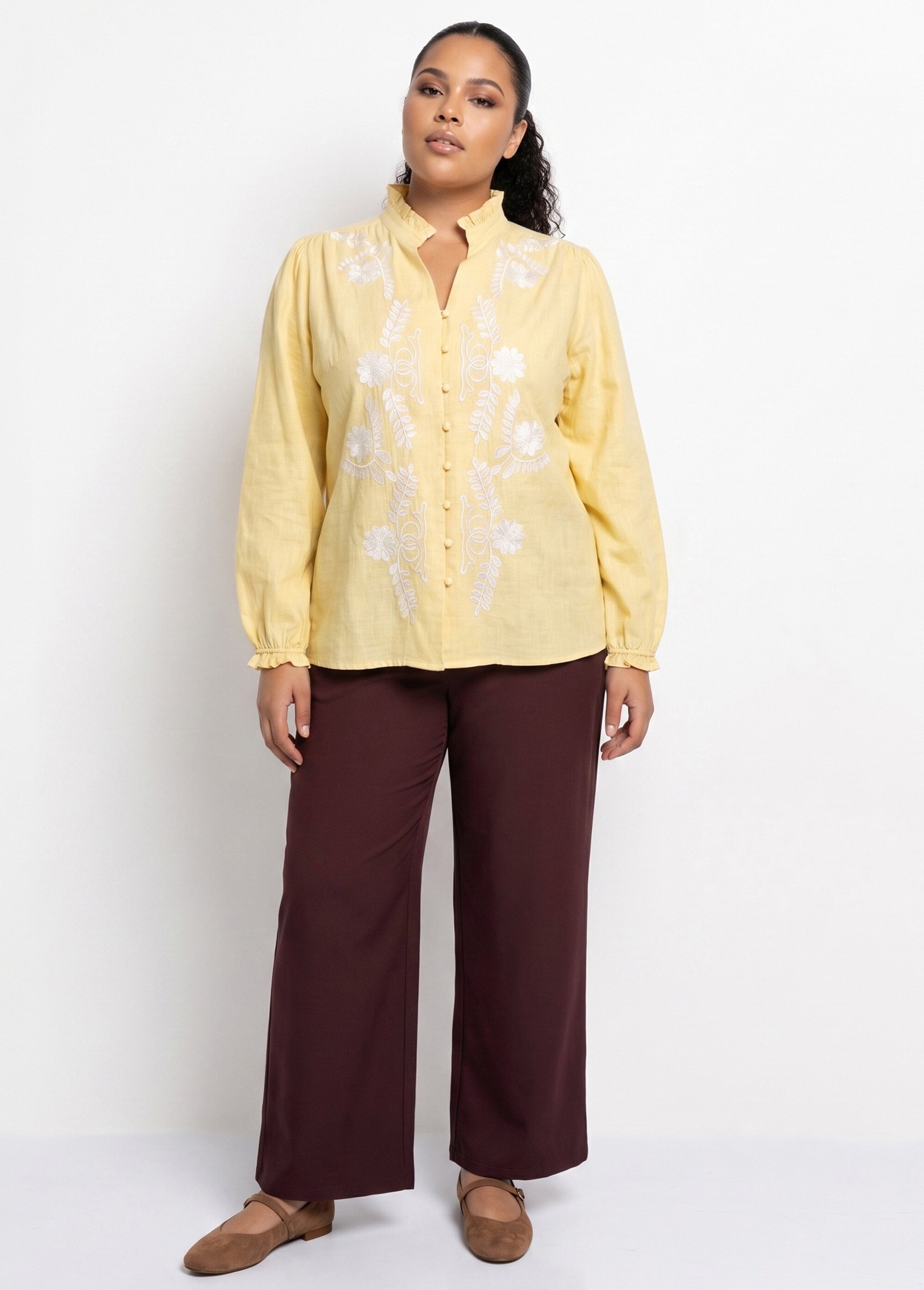 Pantalon large fluide taille élastiquée Femme Grande Taille Marron CHY-AB051 SI1