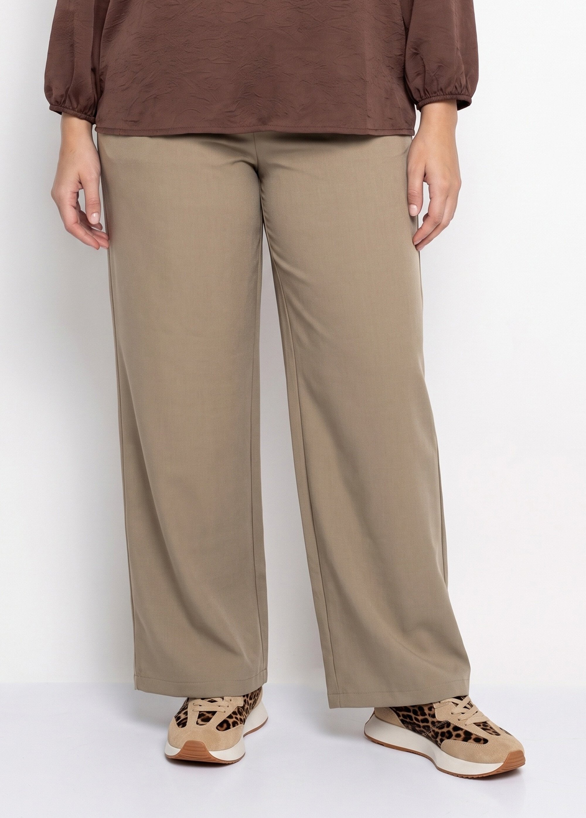 Pantalon large fluide taille élastiquée Femme Grande Taille Beige CHY-AB051 FA1
