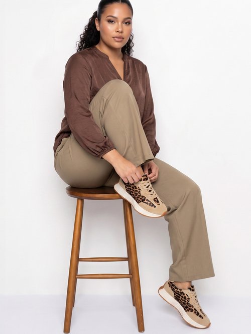 Pantalon large fluide taille élastiquée Femme Grande Taille Beige CHY-AB051 MV1