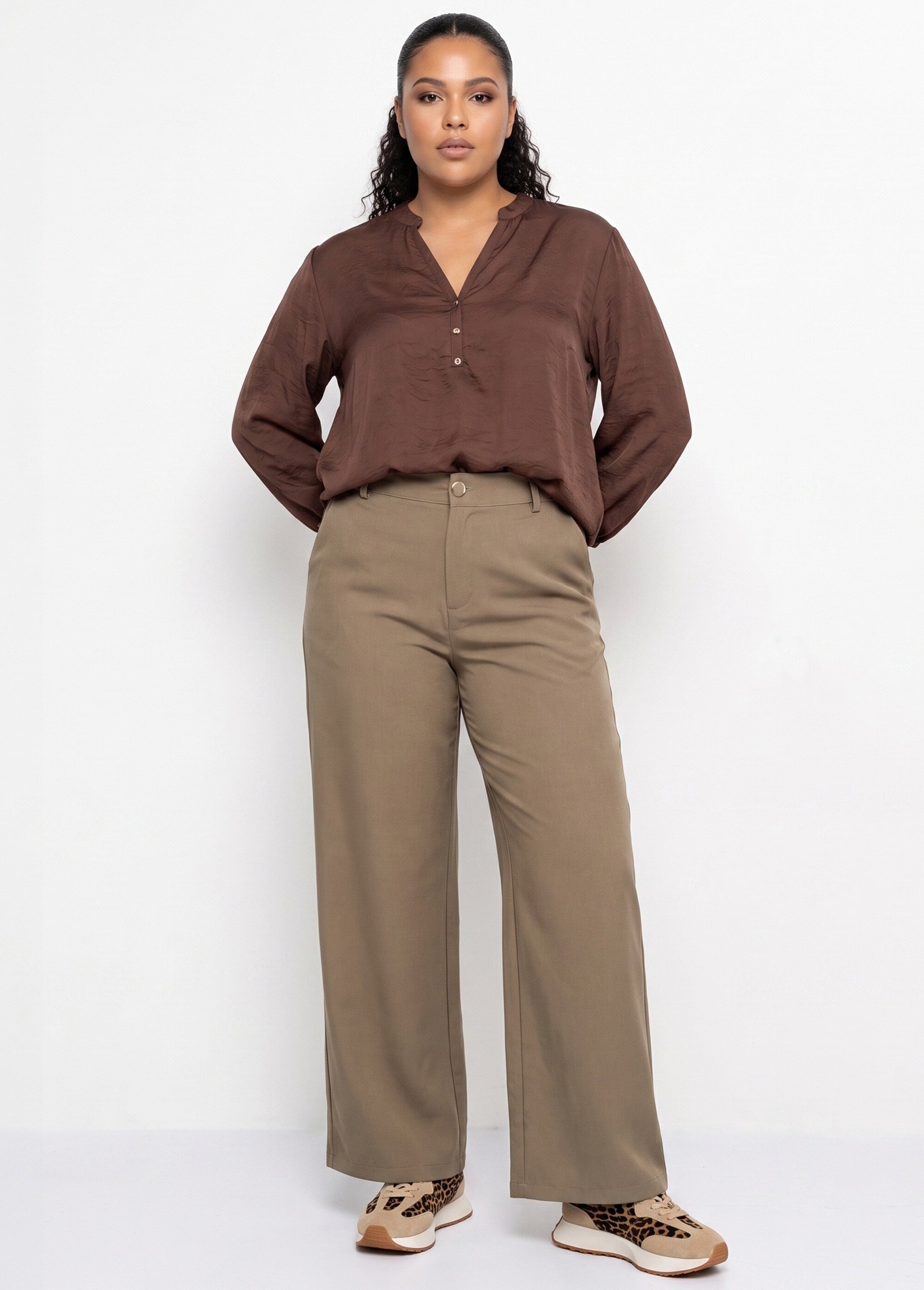 Pantalon large fluide taille élastiquée Femme Grande Taille Beige CHY-AB051 SI1