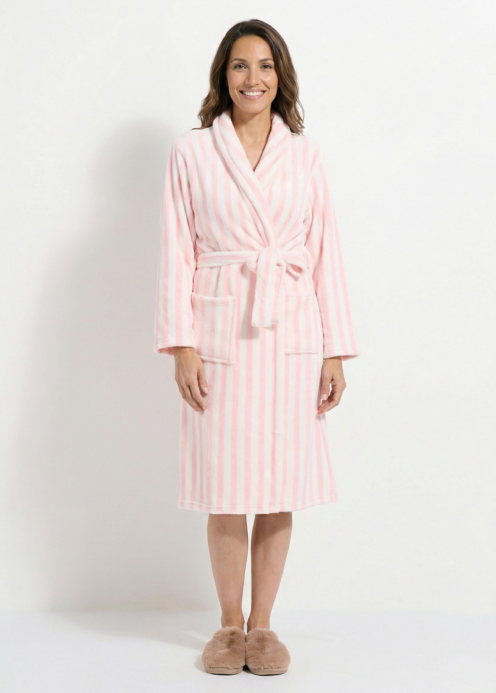 Peignoir col châle en polaire rayé Femme Rose H-NPJ6680 FA1