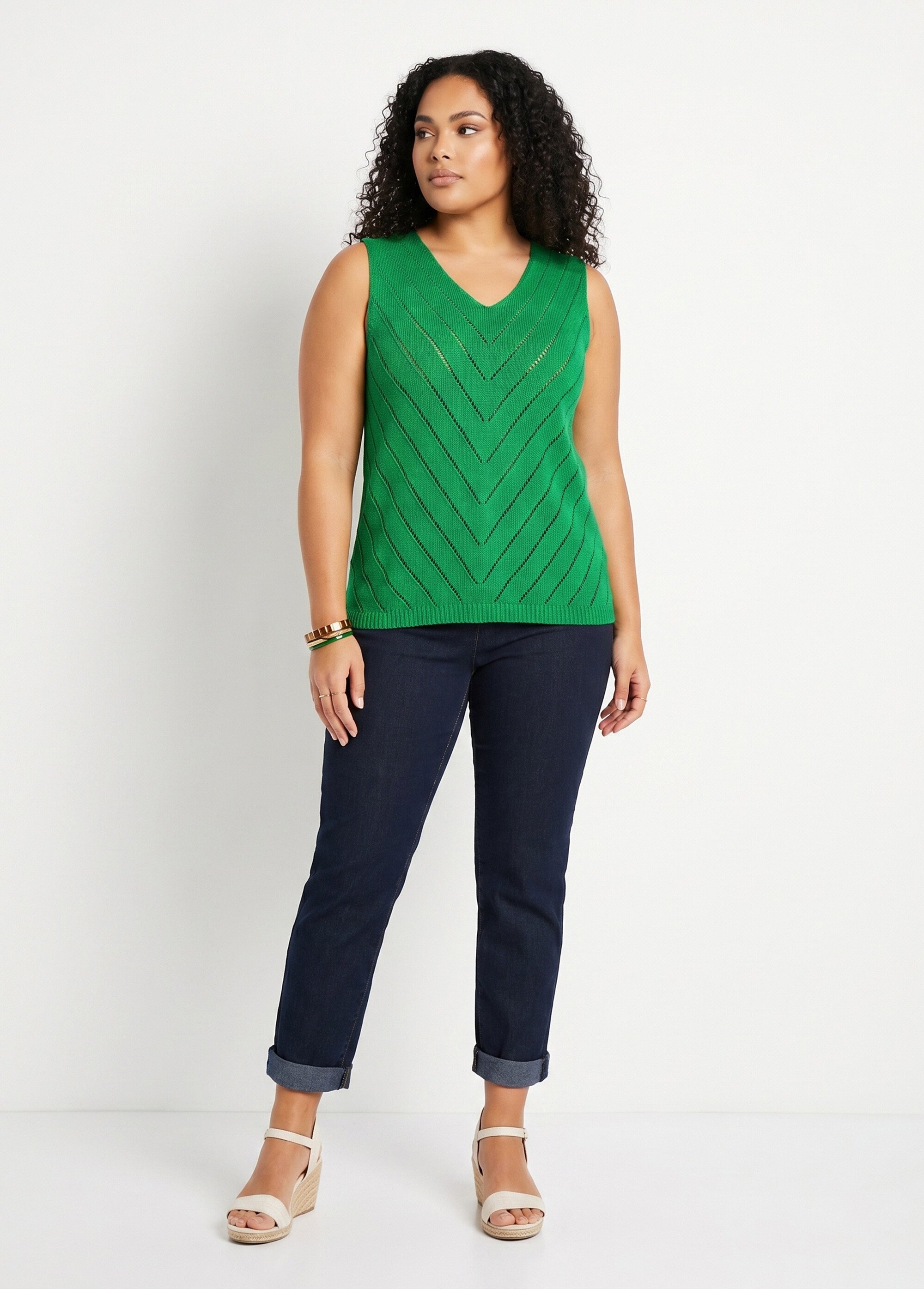 Pull débardeur fin ajouré coton Femme Grande Taille Vert MALANGE SI1