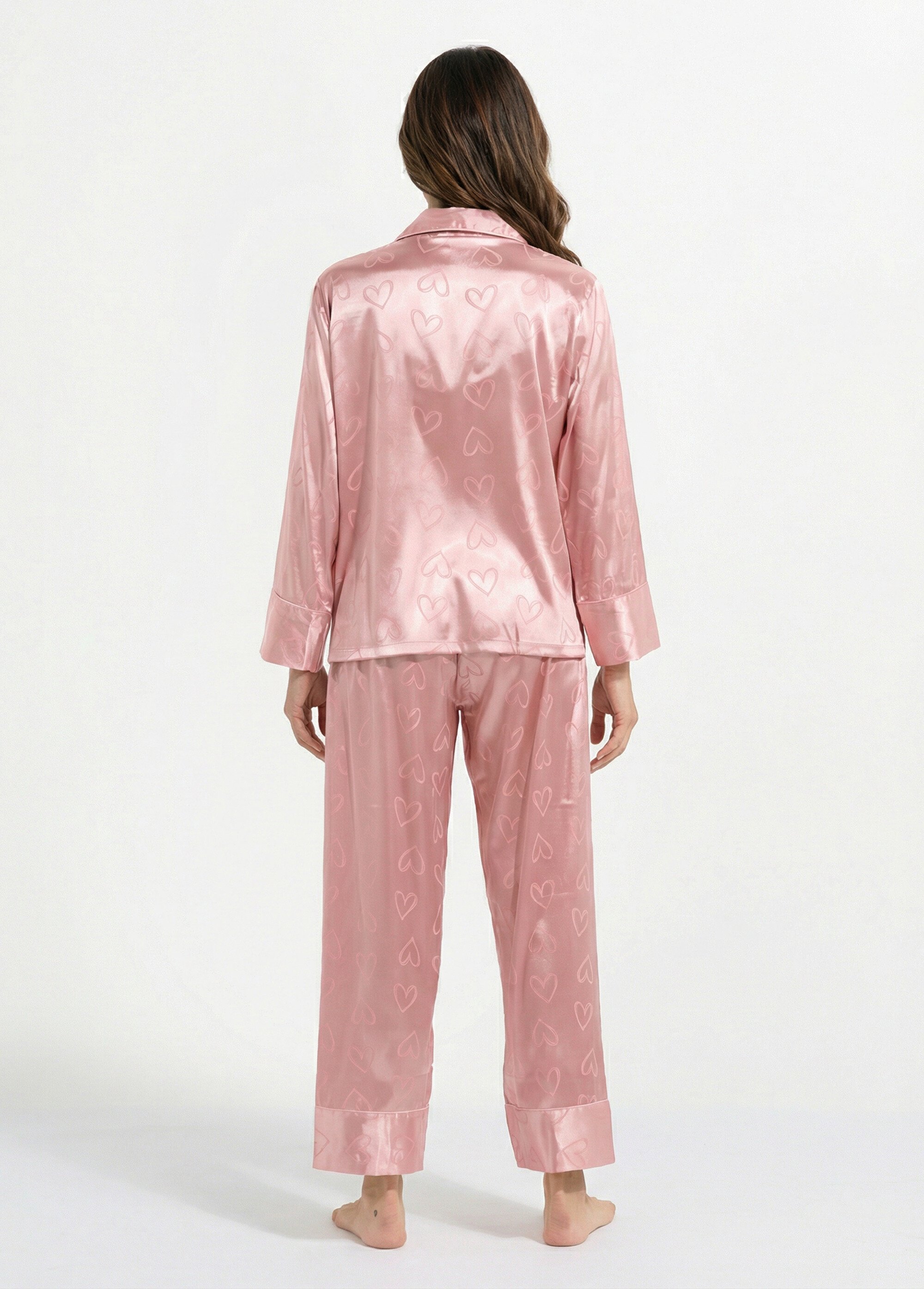 Pyjama long satin avec coeurs imprimés Femme Rose H-NT055 DO1