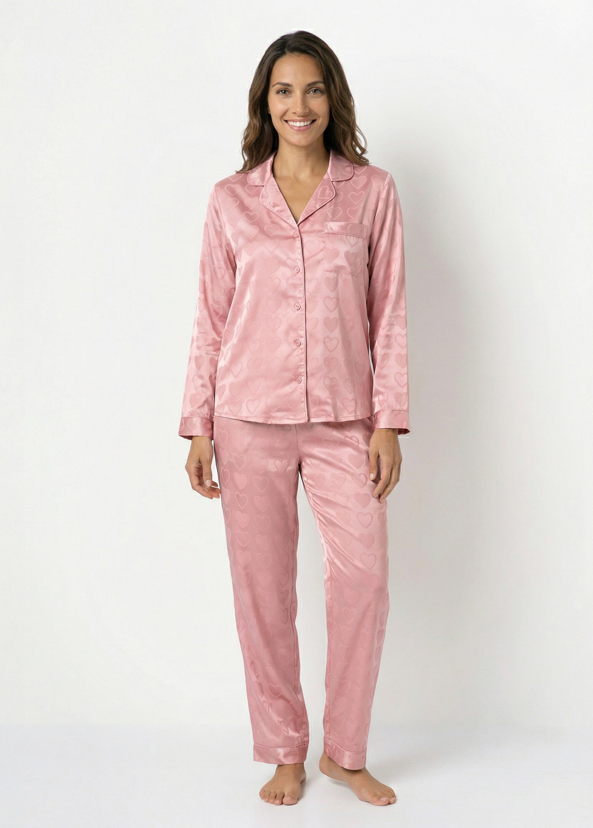 Pyjama long satin avec coeurs imprimés Femme Rose H-NT055 FA1