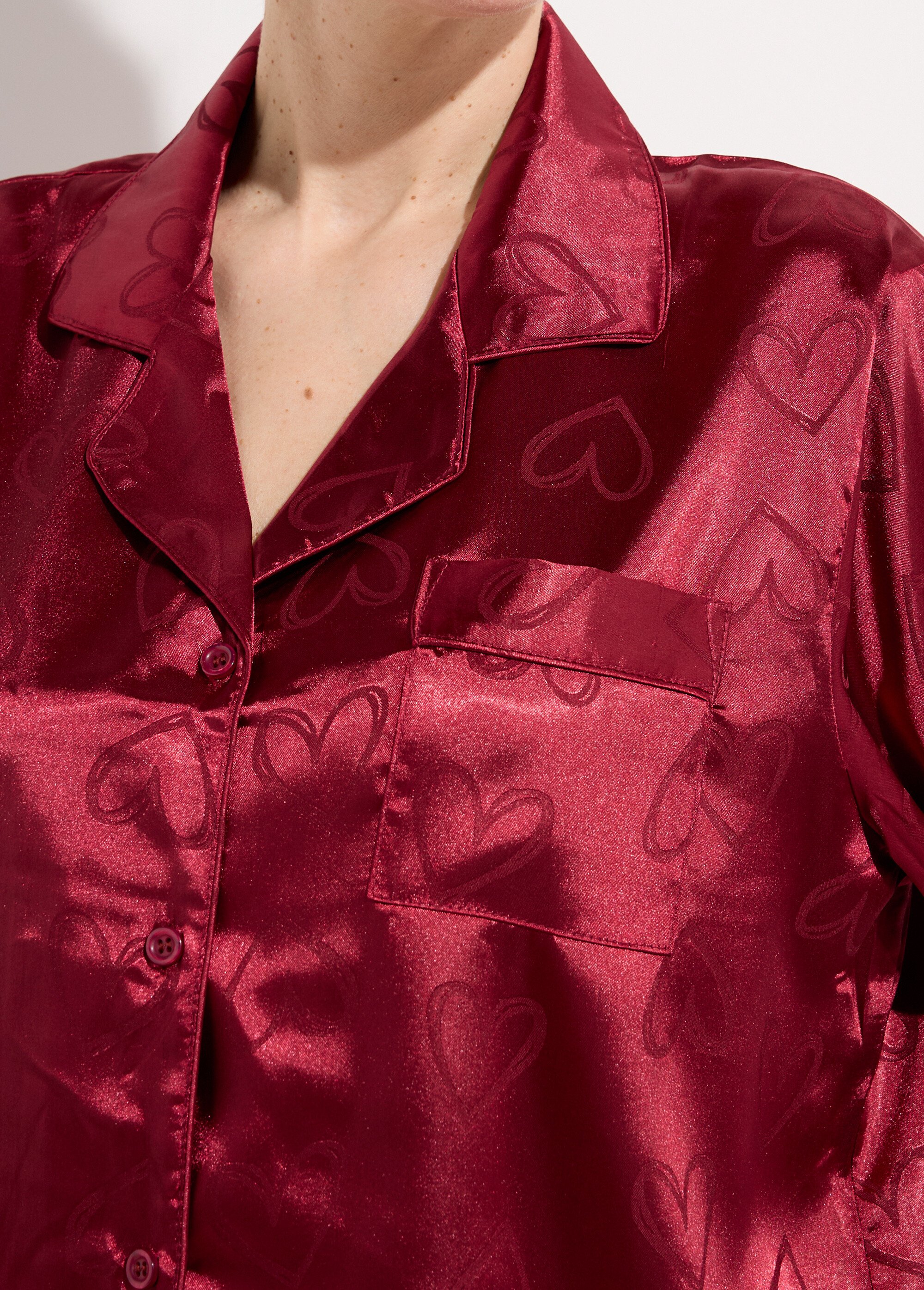 Pyjama long satin avec coeurs imprimés Femme Rouge H-NT055 DE1