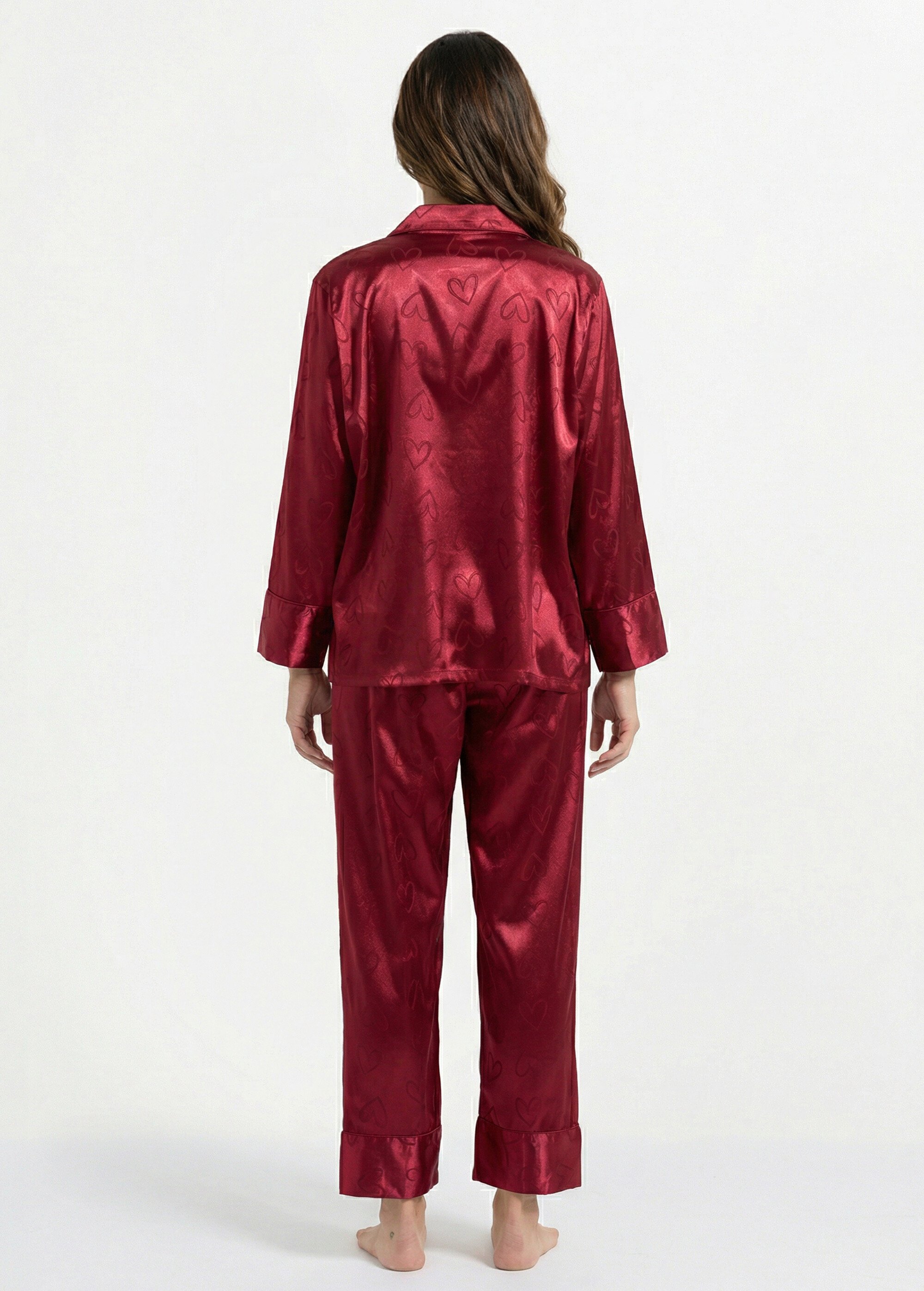 Pyjama long satin avec coeurs imprimés Femme Rouge H-NT055 DO1