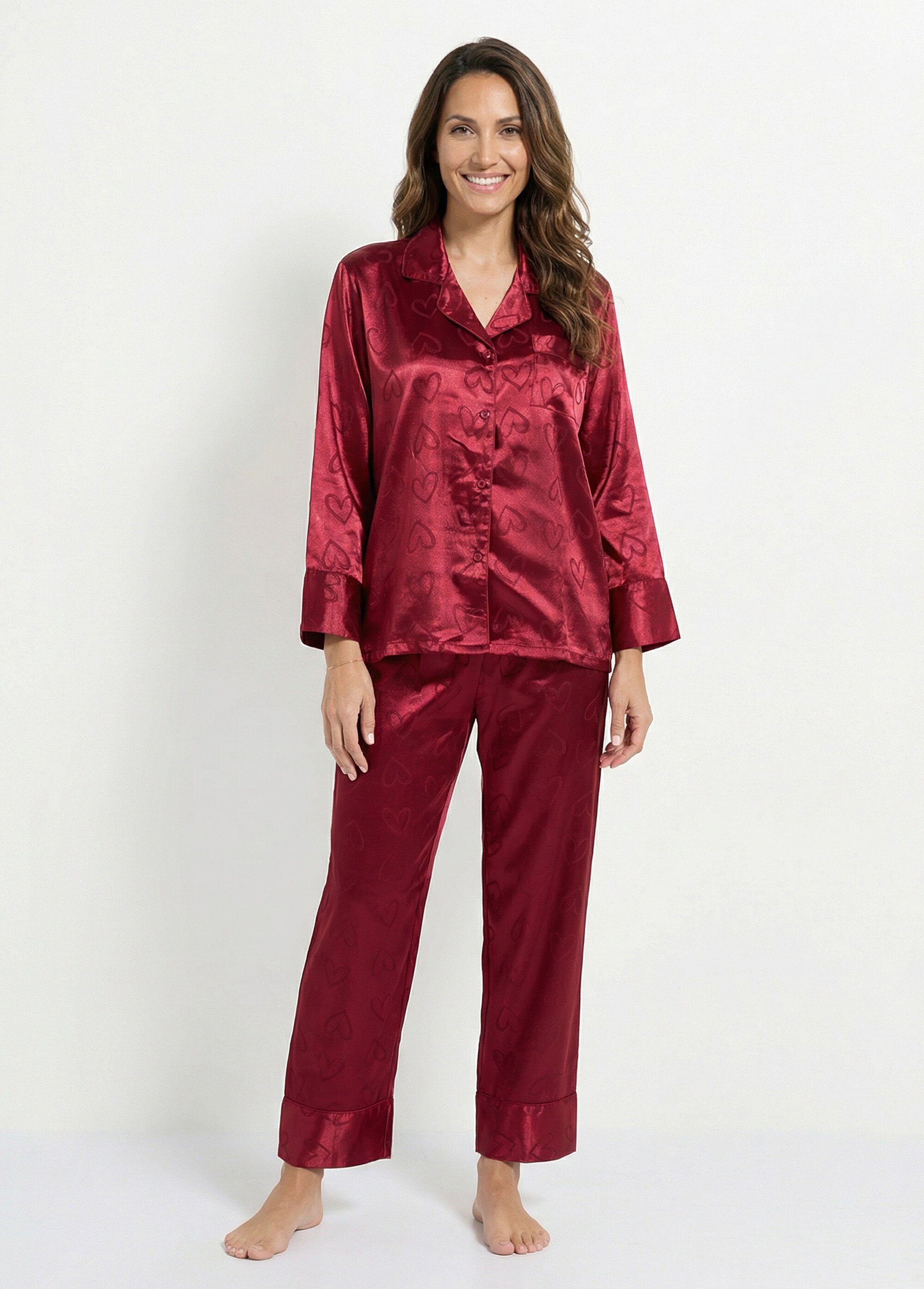 Pyjama long satin avec coeurs imprimés Femme Rouge H-NT055 FA1